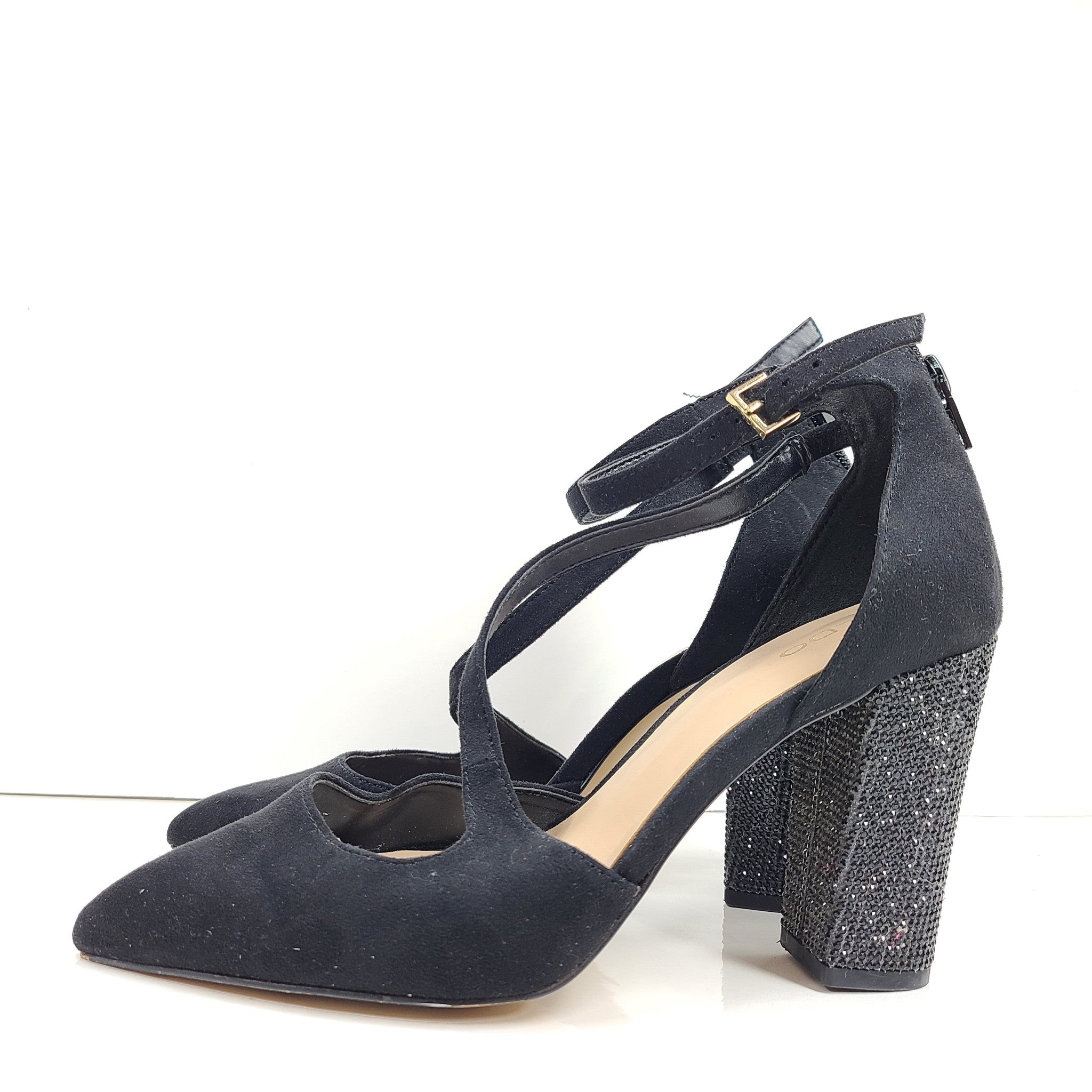 Aldo Nicholes Ankle Strap Pointed Toe Rhinestone Pumps Heeled Shoes Black 8