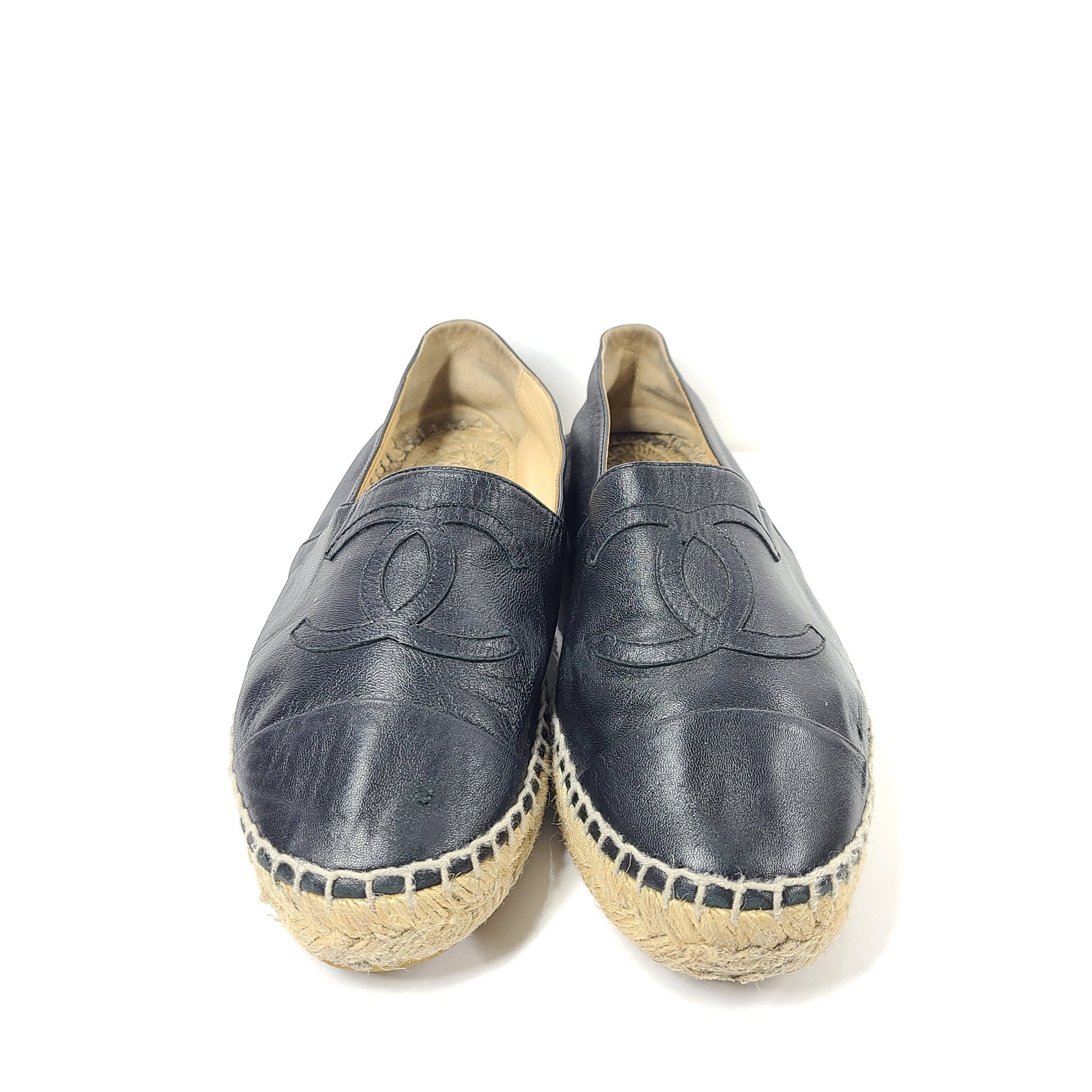 Chanel Espadrilles Lambskin Leather CC Cap Toe Shoes G29762 Black 38 NO INSOLES