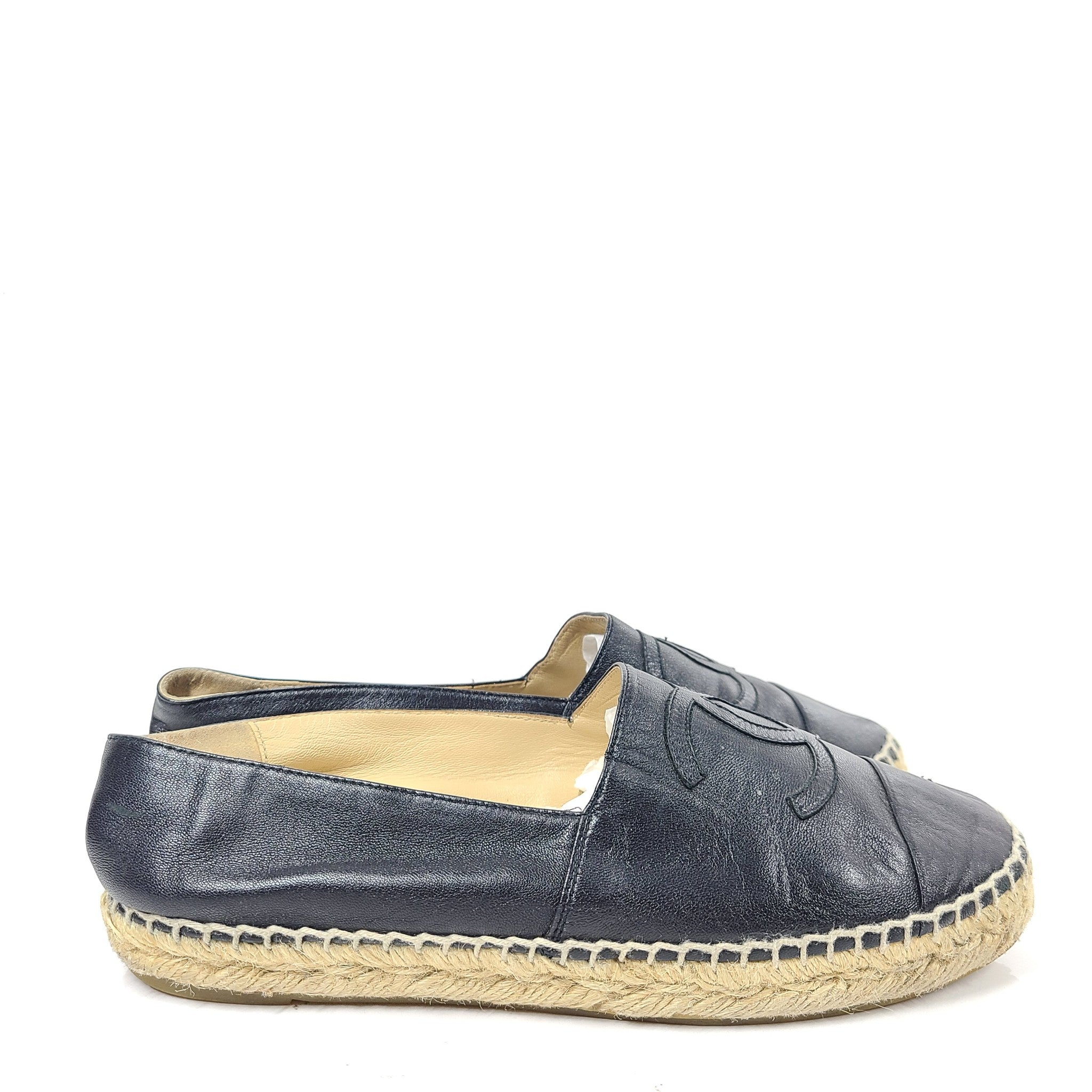 Chanel Espadrilles Lambskin Leather CC Cap Toe Shoes G29762 Black 38 NO INSOLES