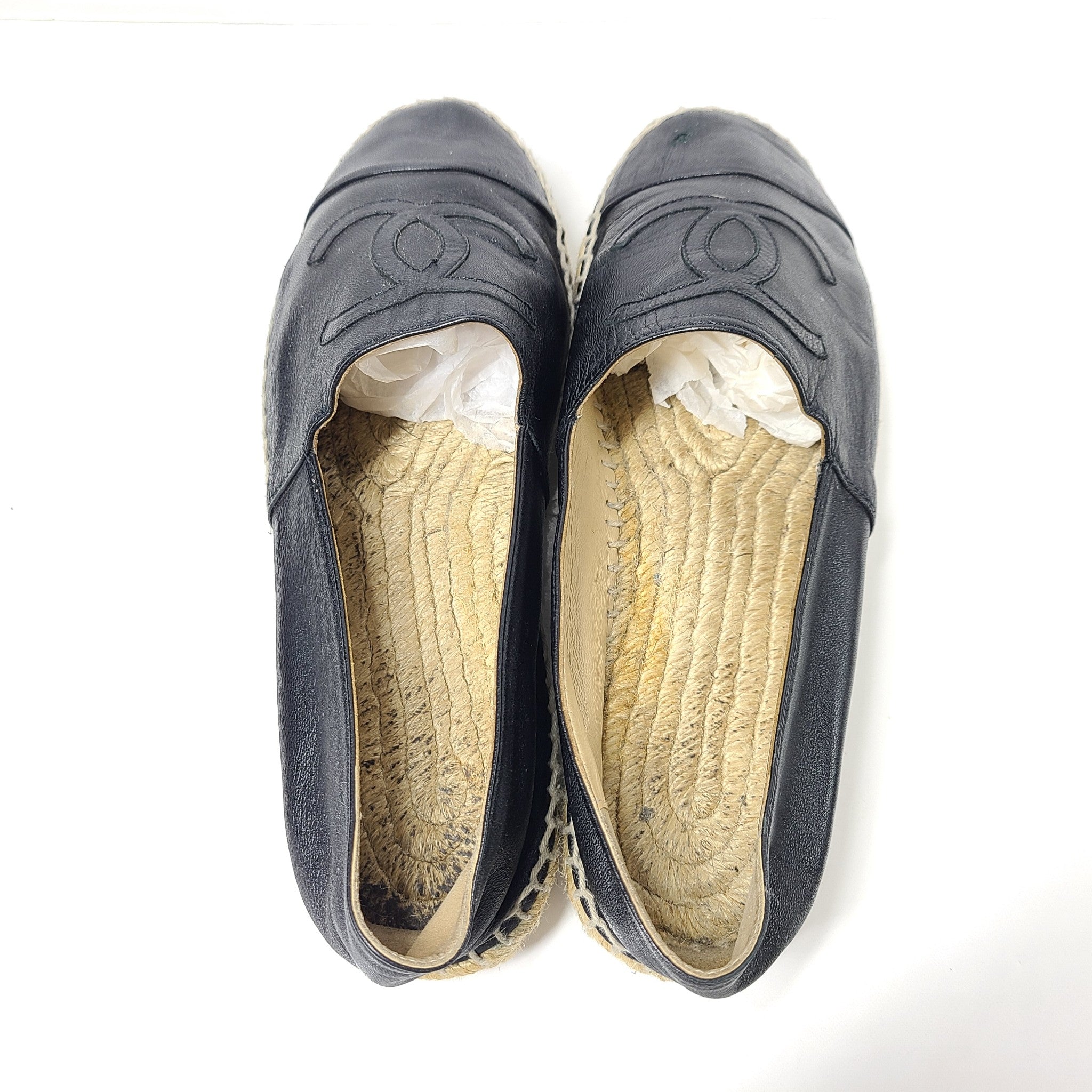 Chanel Espadrilles Lambskin Leather CC Cap Toe Shoes G29762 Black 38 NO INSOLES