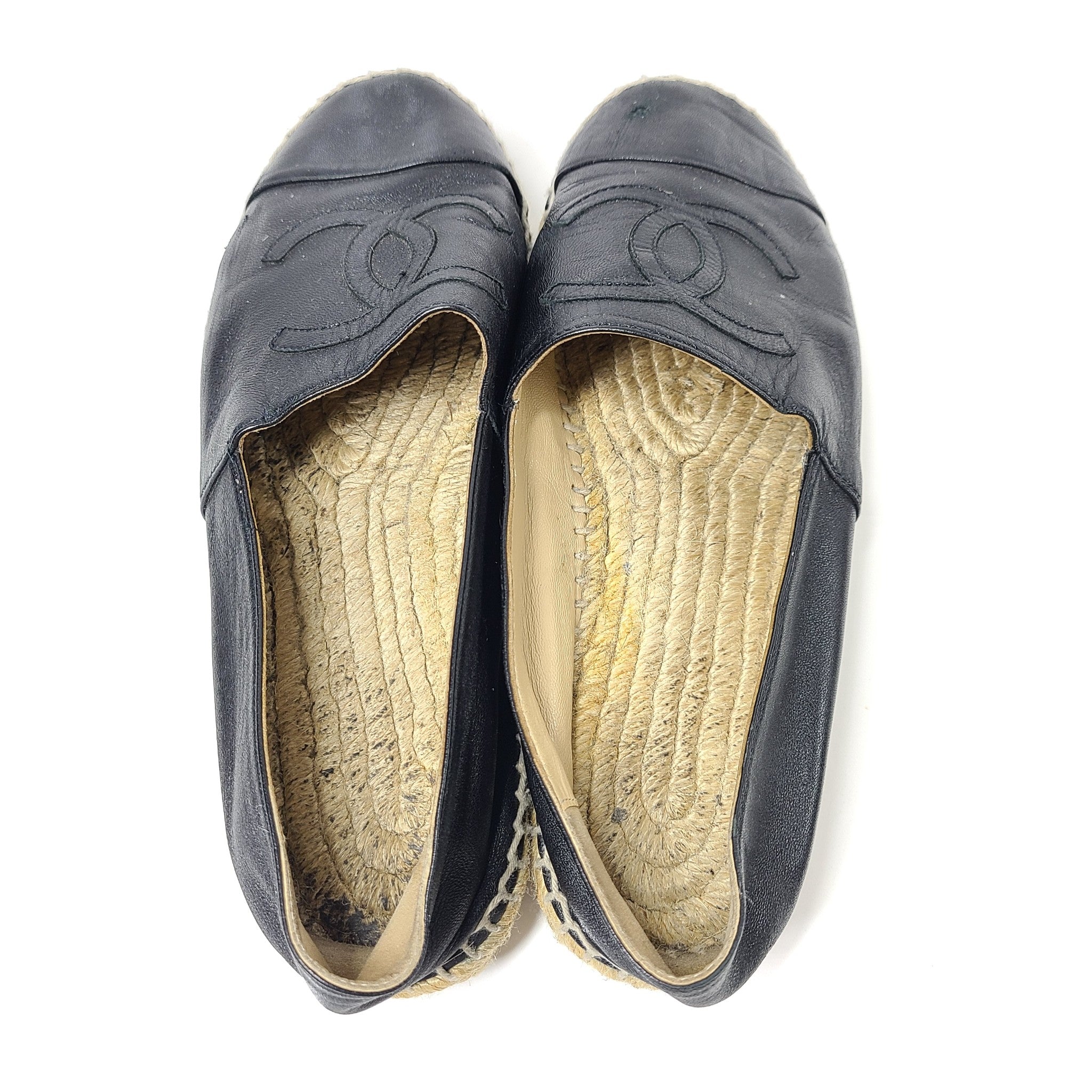 Chanel Espadrilles Lambskin Leather CC Cap Toe Shoes G29762 Black 38 NO INSOLES