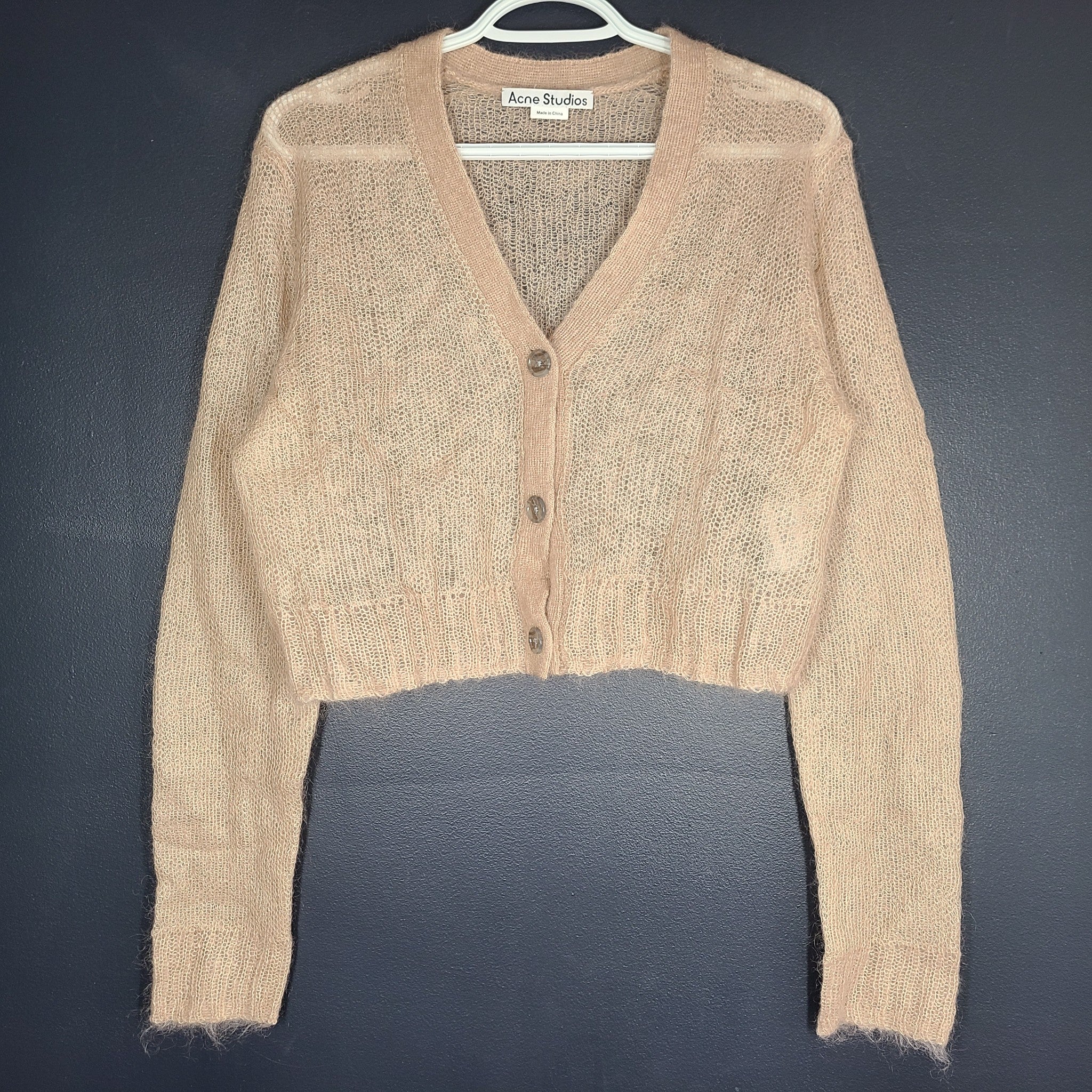 Acne Studios Women's Cropped Cardigan Mohair Blend Sheer Button Up Beige Sz M