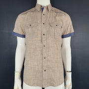 Guess Men's Howard Textured Shirt Button Down Chest Pocket Short Sleeve Beige M