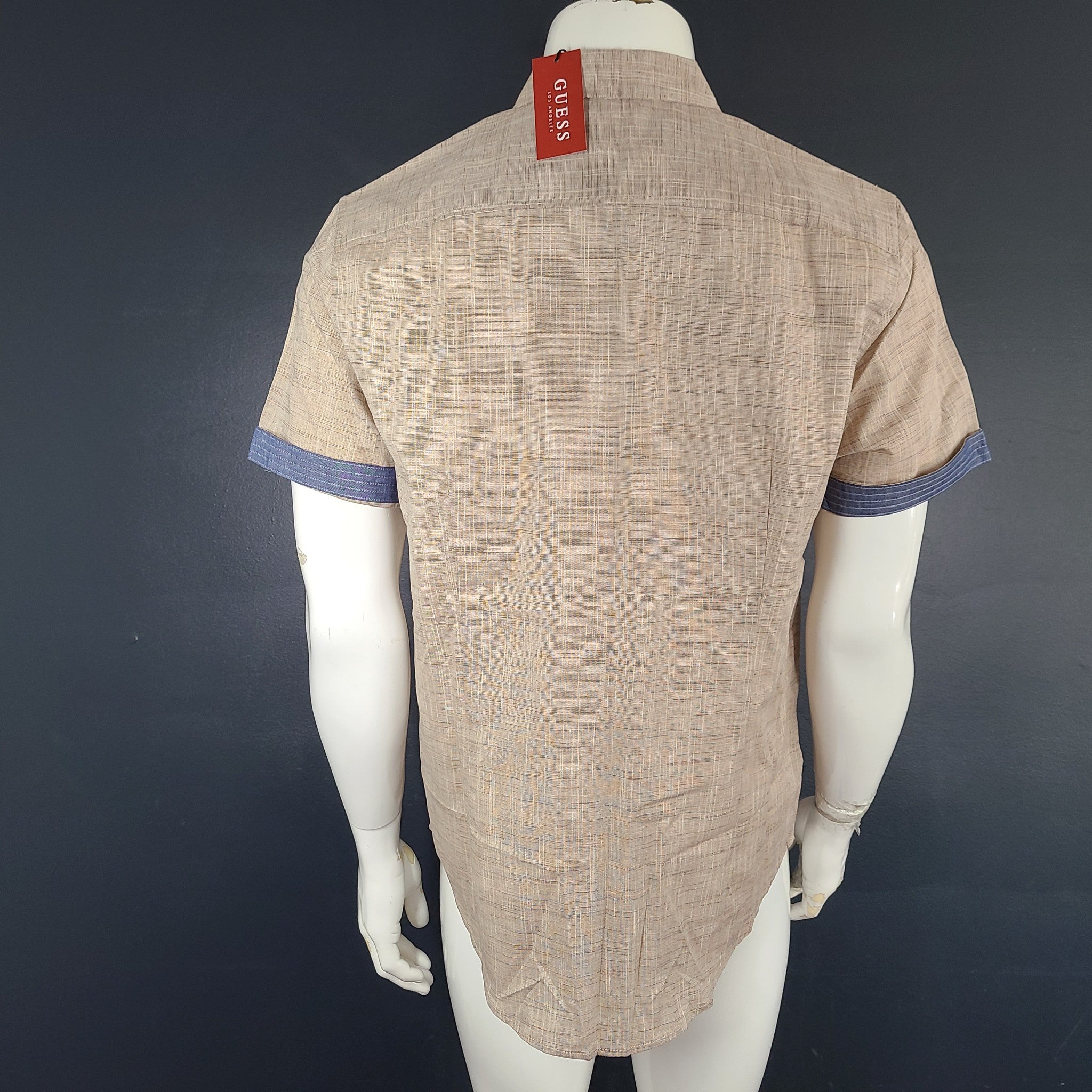 Guess Men's Howard Textured Shirt Button Down Chest Pocket Short Sleeve Beige M