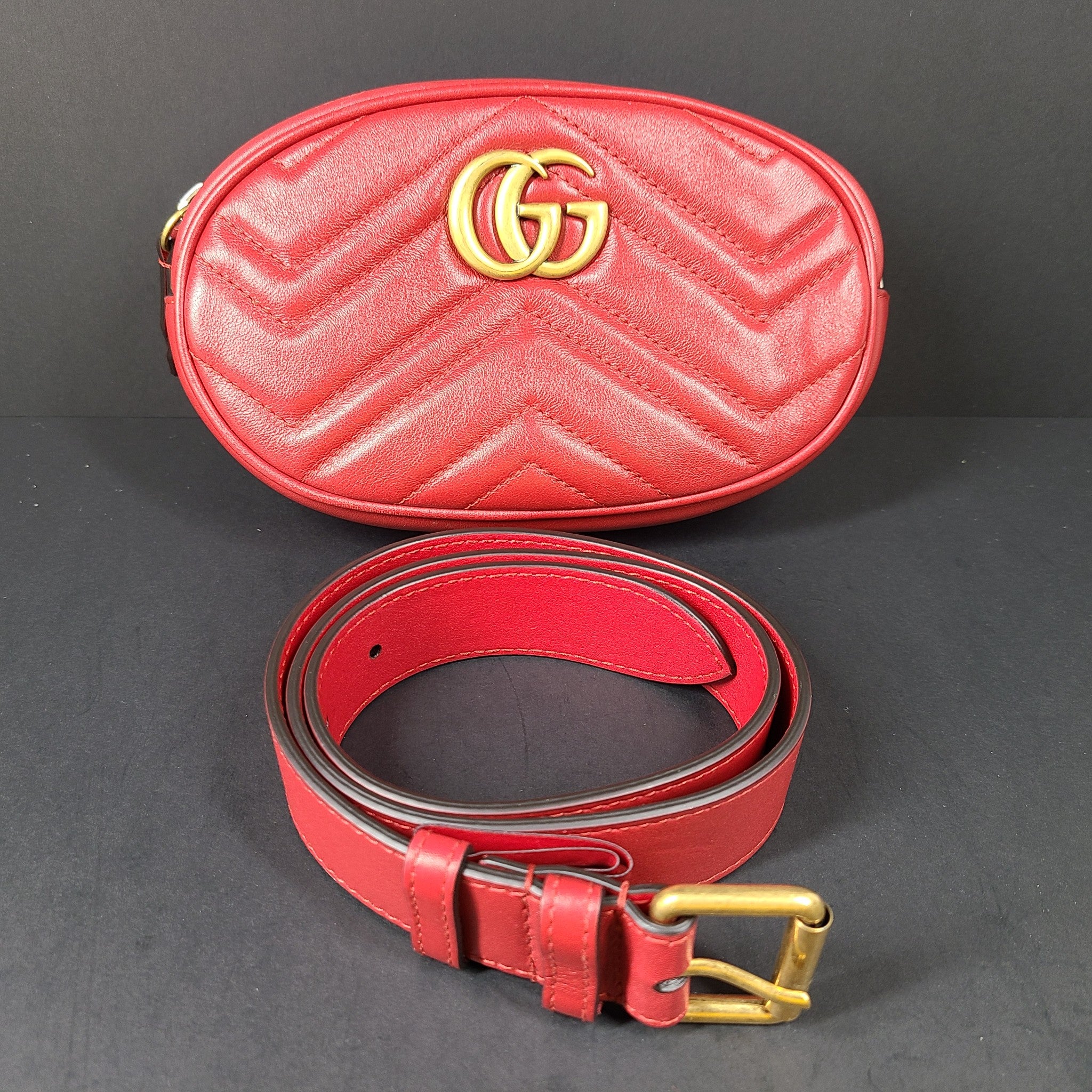 Gucci GG Marmont Belt Bag 476434 Shoulder Strap Calf Leather Red