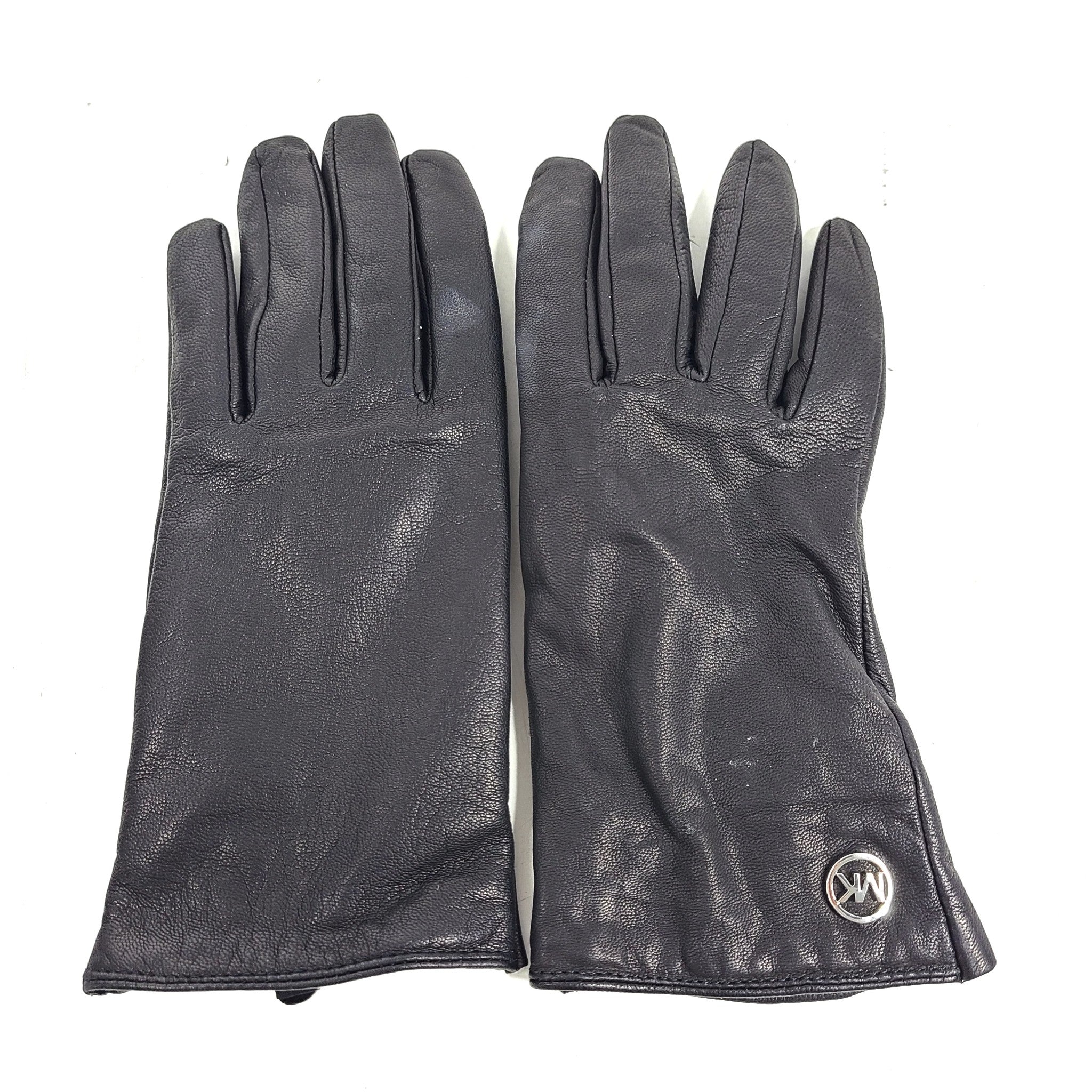 Michael Kors Women's Leather Gloves Silver Circle Logo Black Sz L