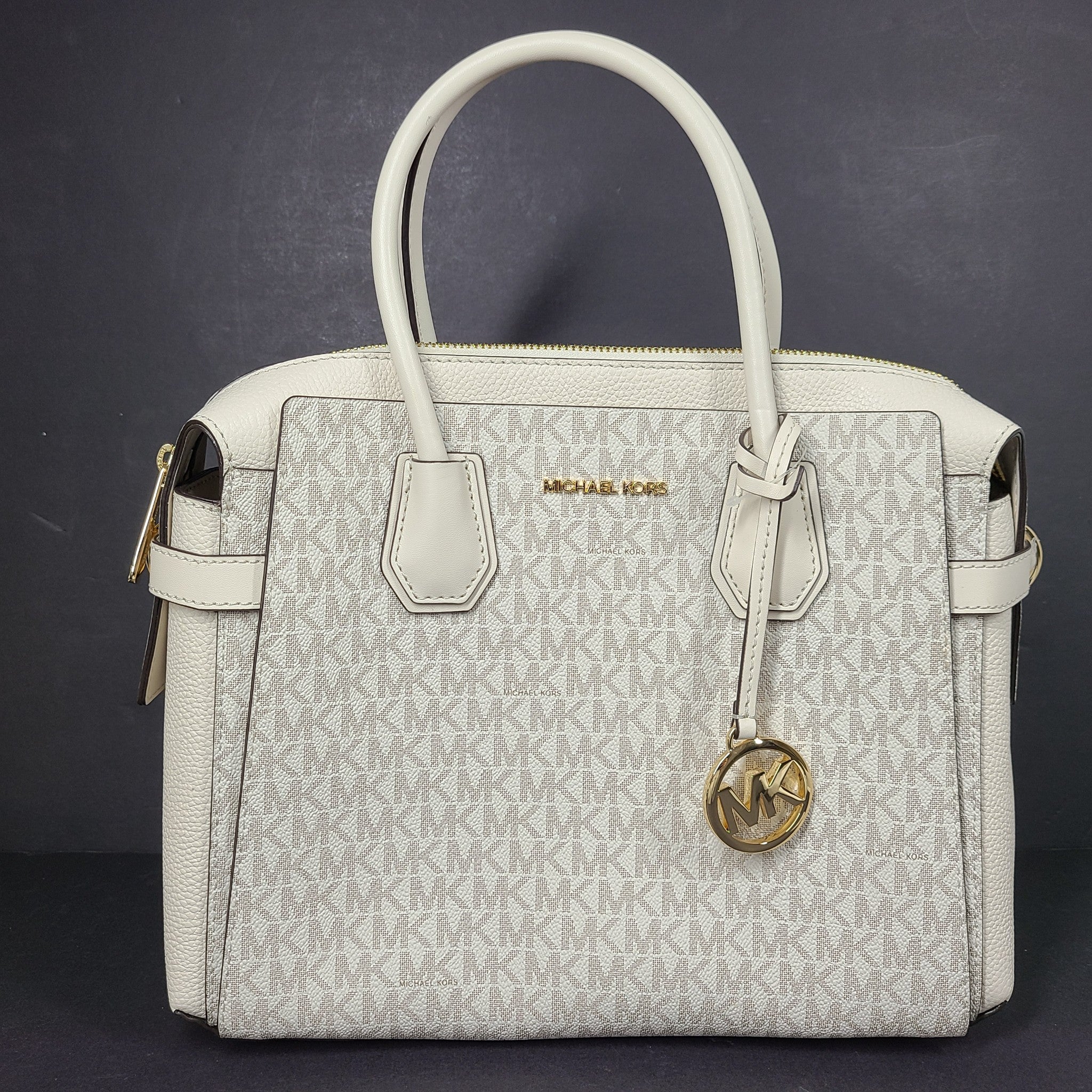 Michael Kors Mercer Belted Large Satchel Crossbody Leather Handbag Beige Cream