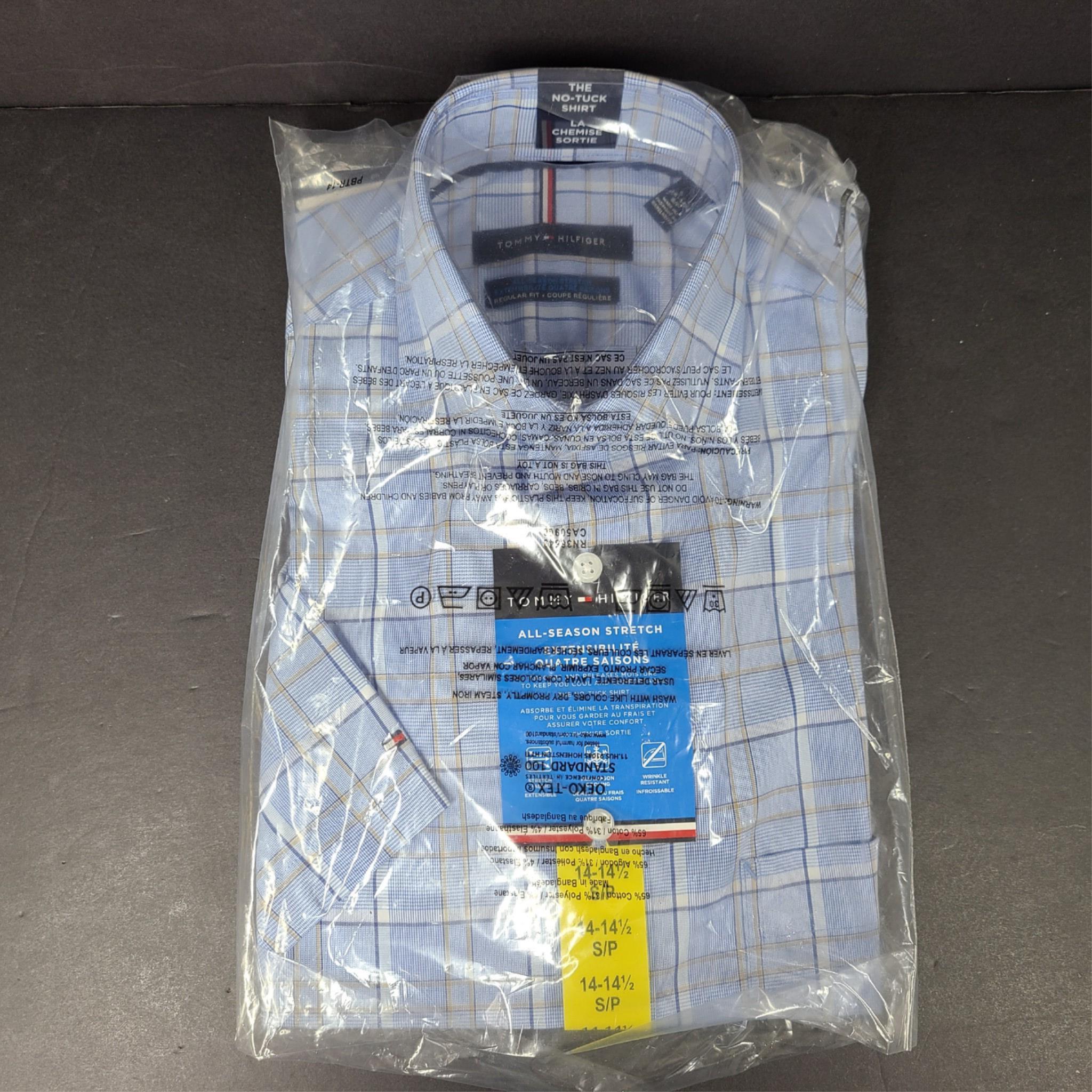 Tommy Hilfiger Men’s All-Season Stretch Dress Shirt Check Blue Sz S (14/14.5)