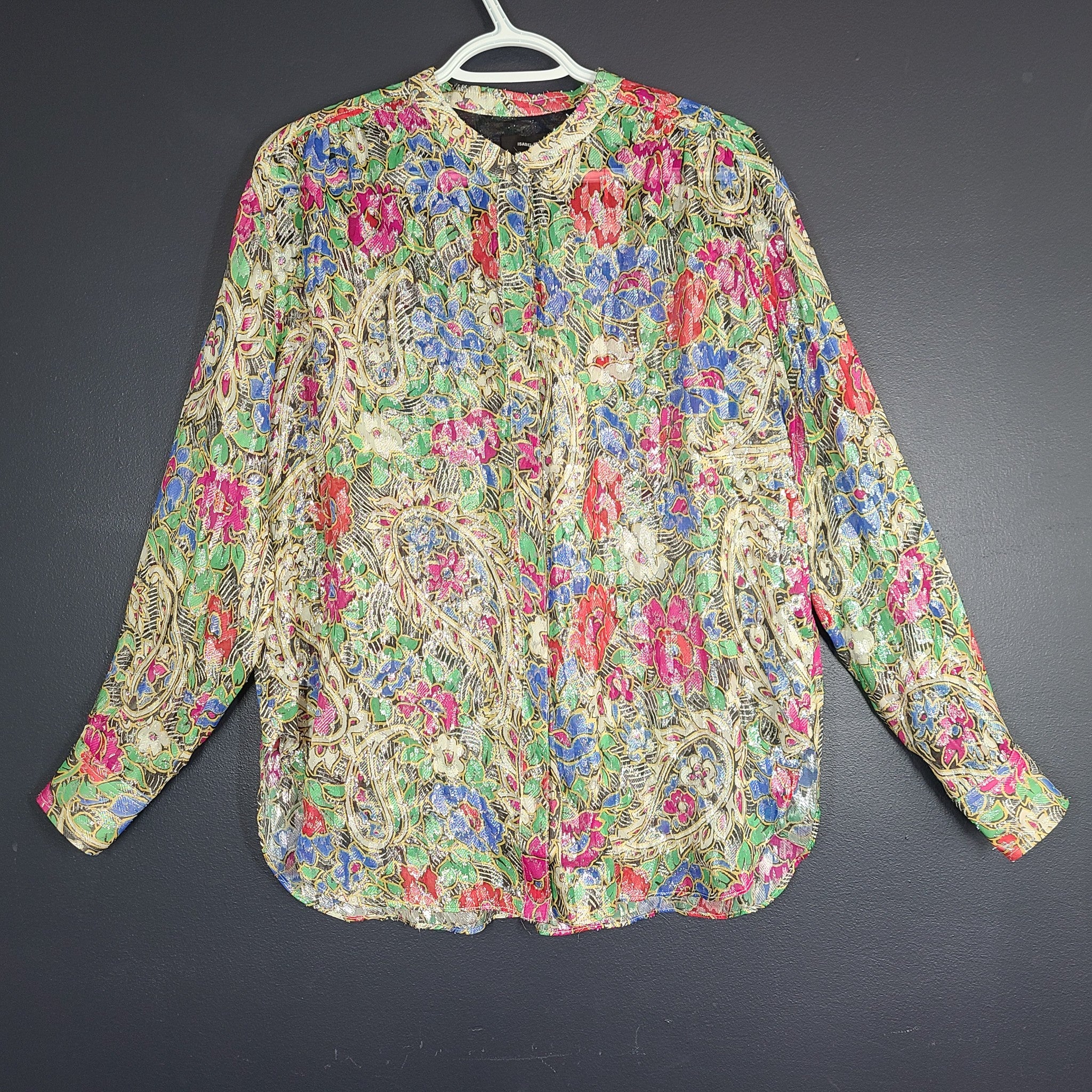 Isabel Marant Daws Top Blouse Sheer Silk Chiffon Metallic Thread Floral Sz 2