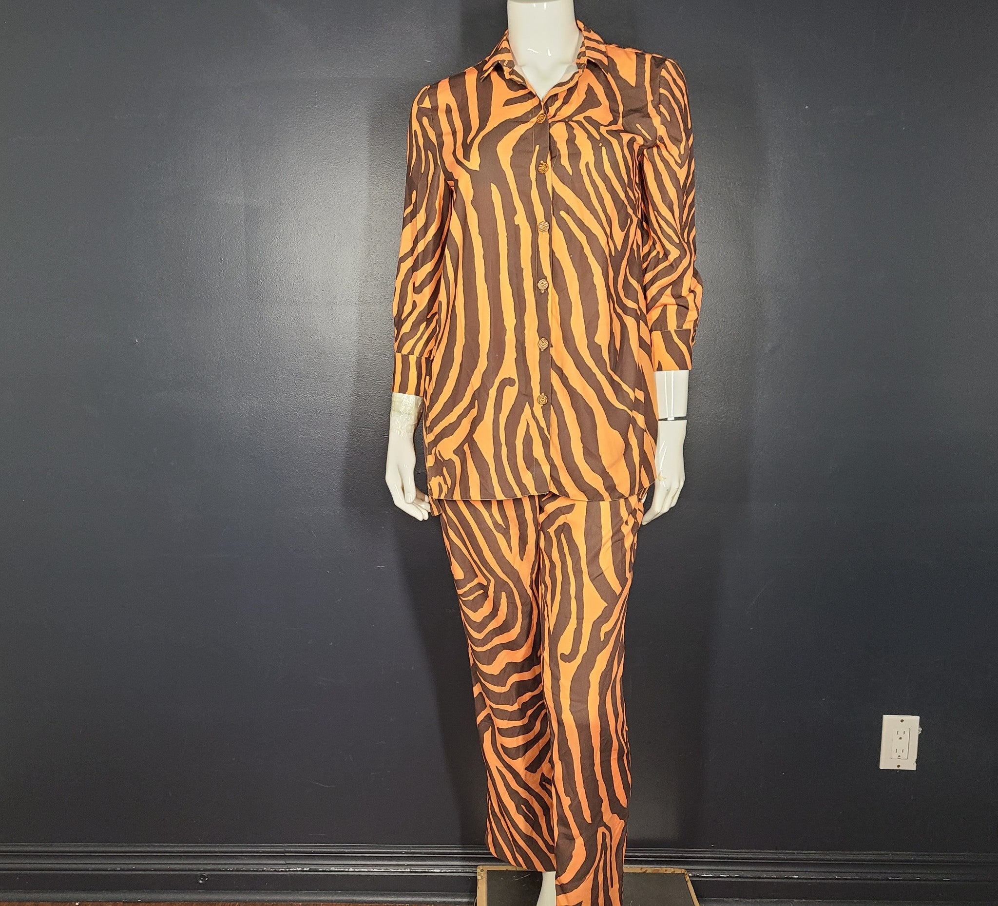 Georges Rech 2 Pc Set Camellia Zebra Print Shirt + Pants Orange Brown Sz 6/8