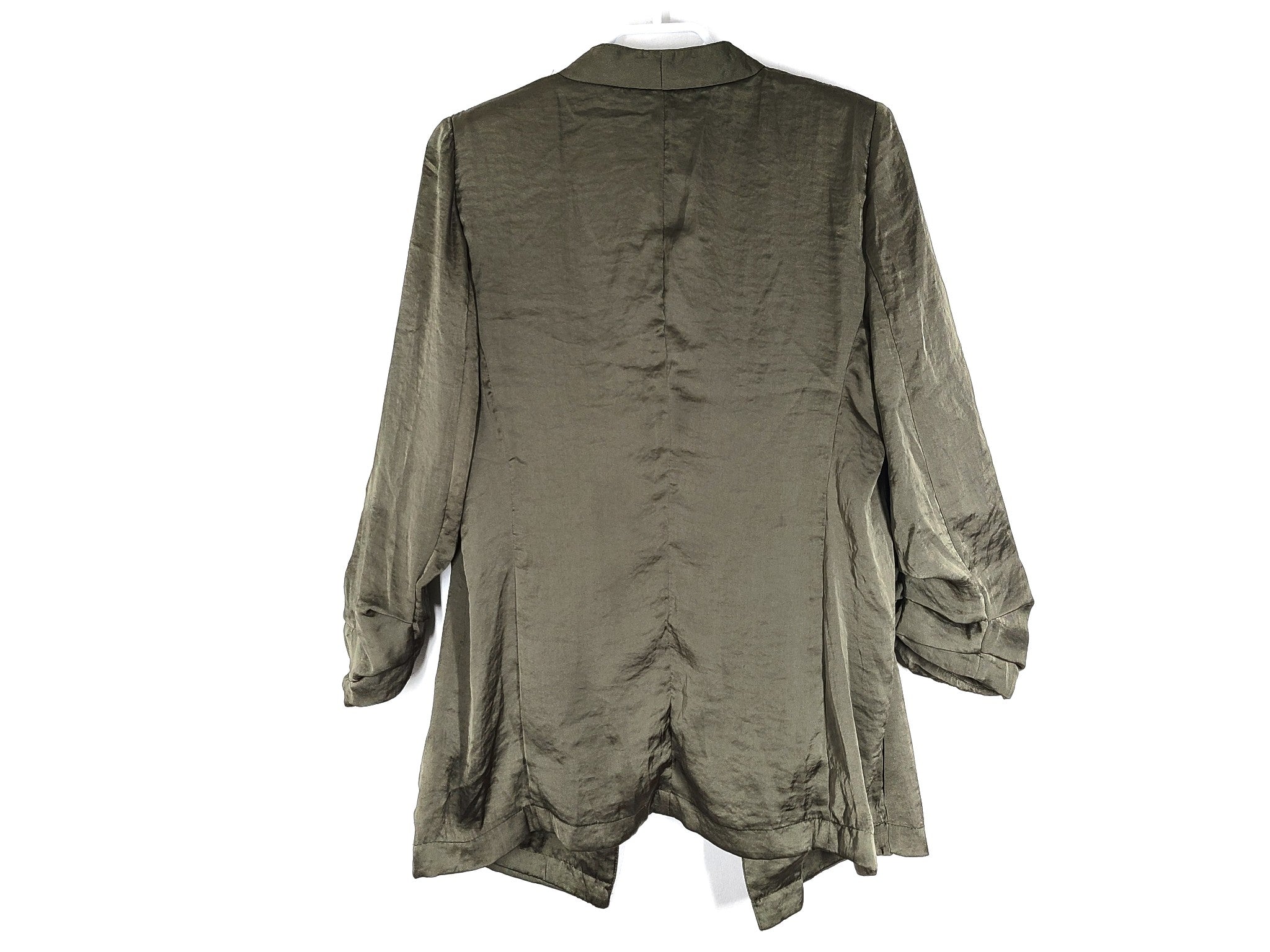 DKNY Open Blazer Smooth Satin P1BC7AWI Ruched Sleeves Olive Green Sz S