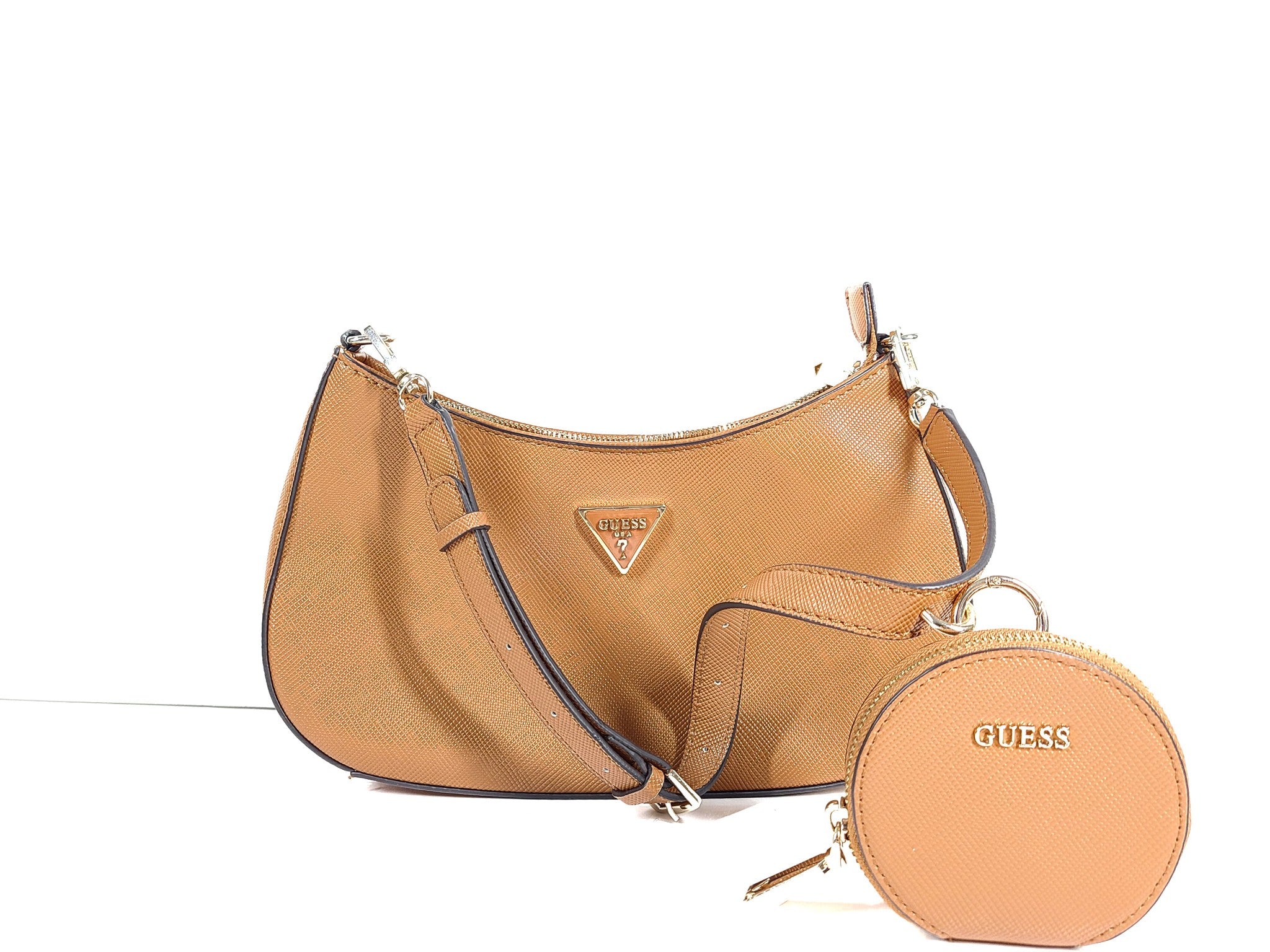 Guess Alexie Top Zip Shoulder Bag Purse Faux Leather w/ Coin Pouch Cognac Brown