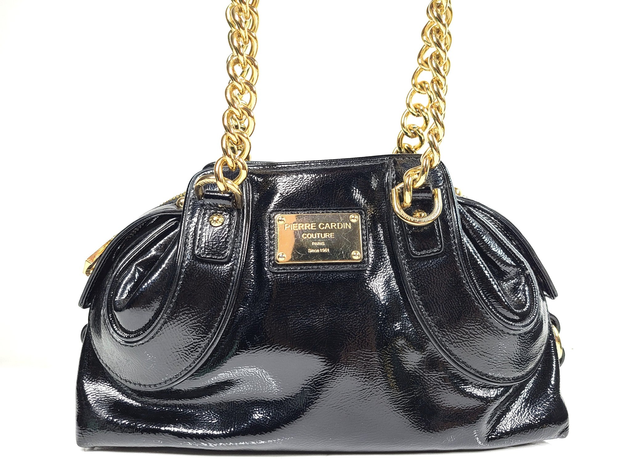 Pierre Cardin Couture Vintage Patent Leather Shoulder Bag Large Chain Black