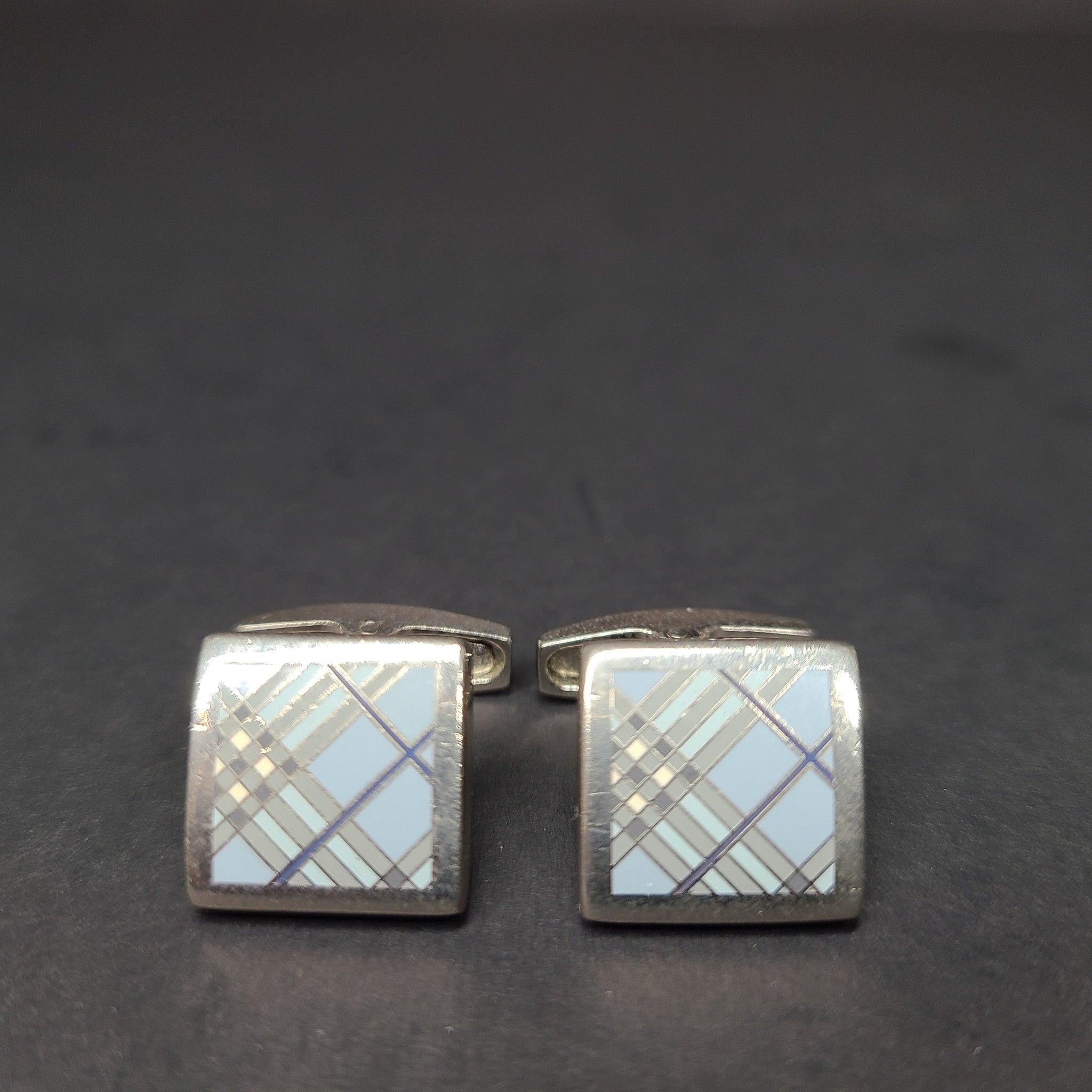Burberry Men's Enamel Nova Check Cufflinks Square Silver Blue Palladium Plated