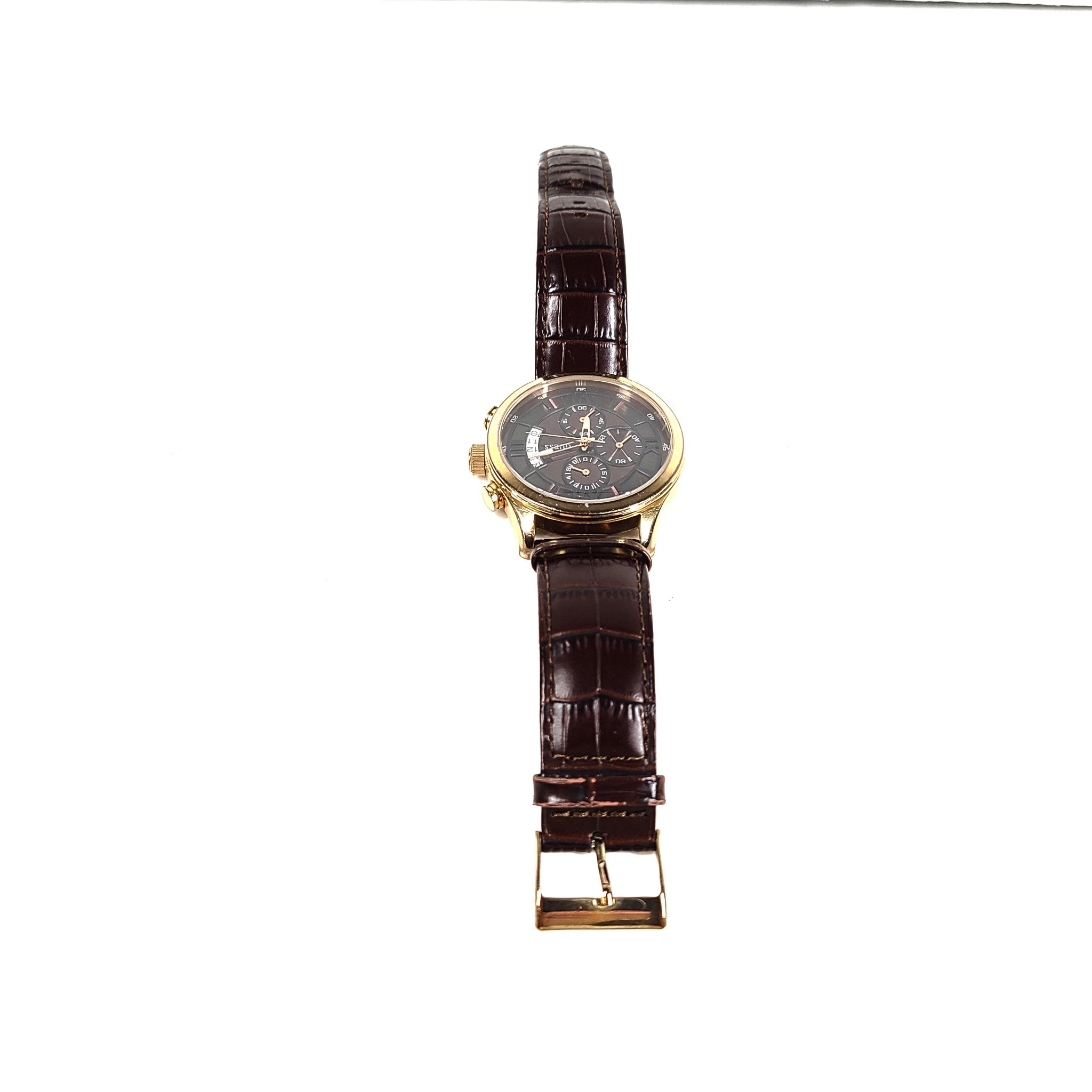 GUESS Men's Croco Brown Leather W14052G2 Chronograph Dress Watch Gold-Tone Brown