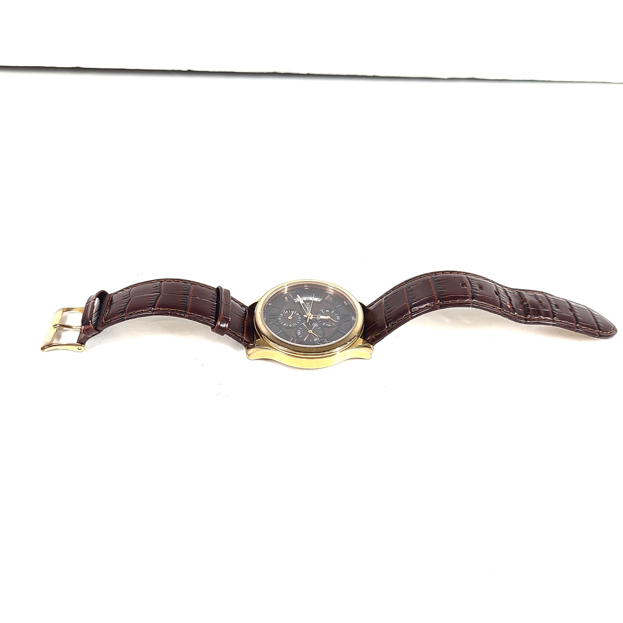 GUESS Men's Croco Brown Leather W14052G2 Chronograph Dress Watch Gold-Tone Brown