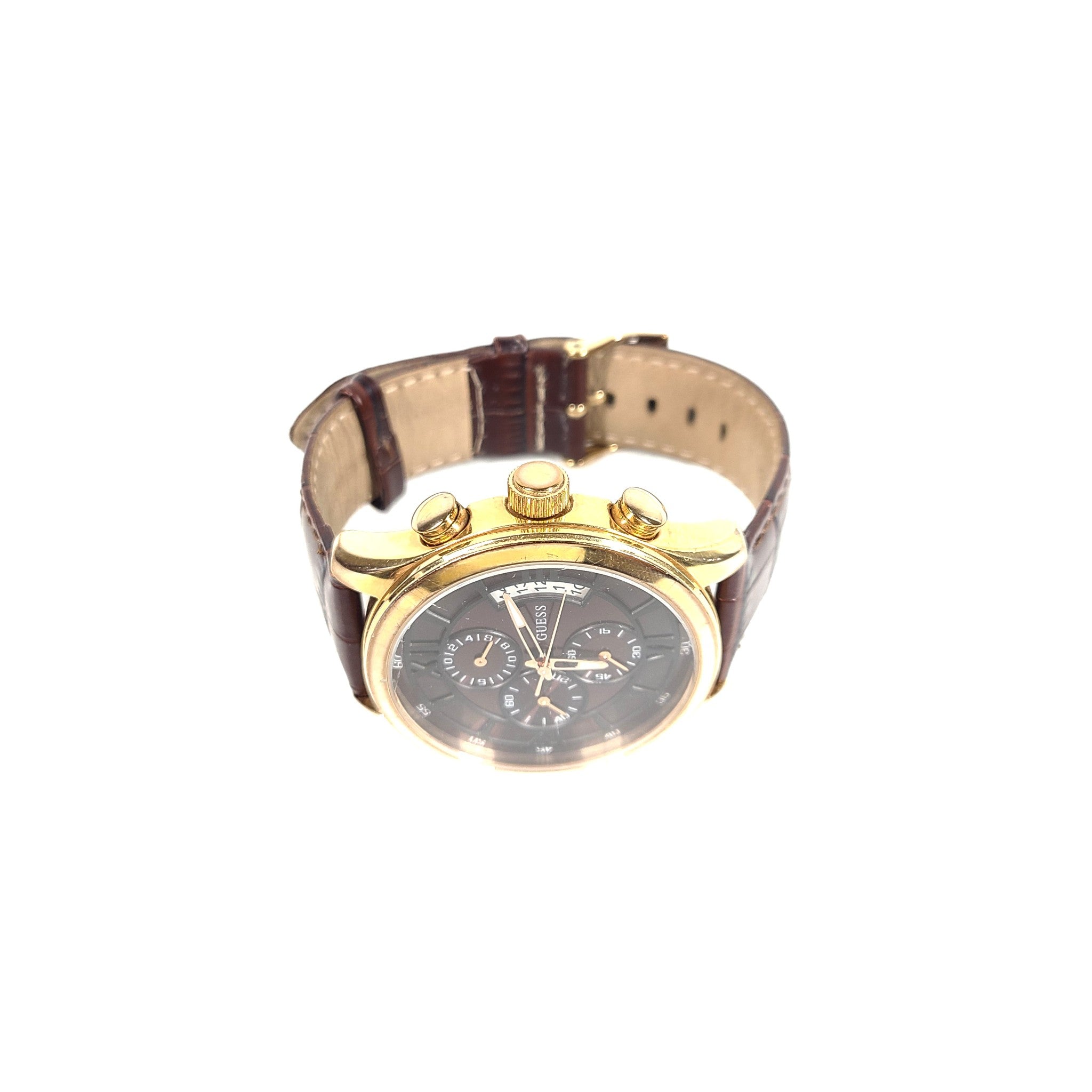 GUESS Men's Croco Brown Leather W14052G2 Chronograph Dress Watch Gold-Tone Brown