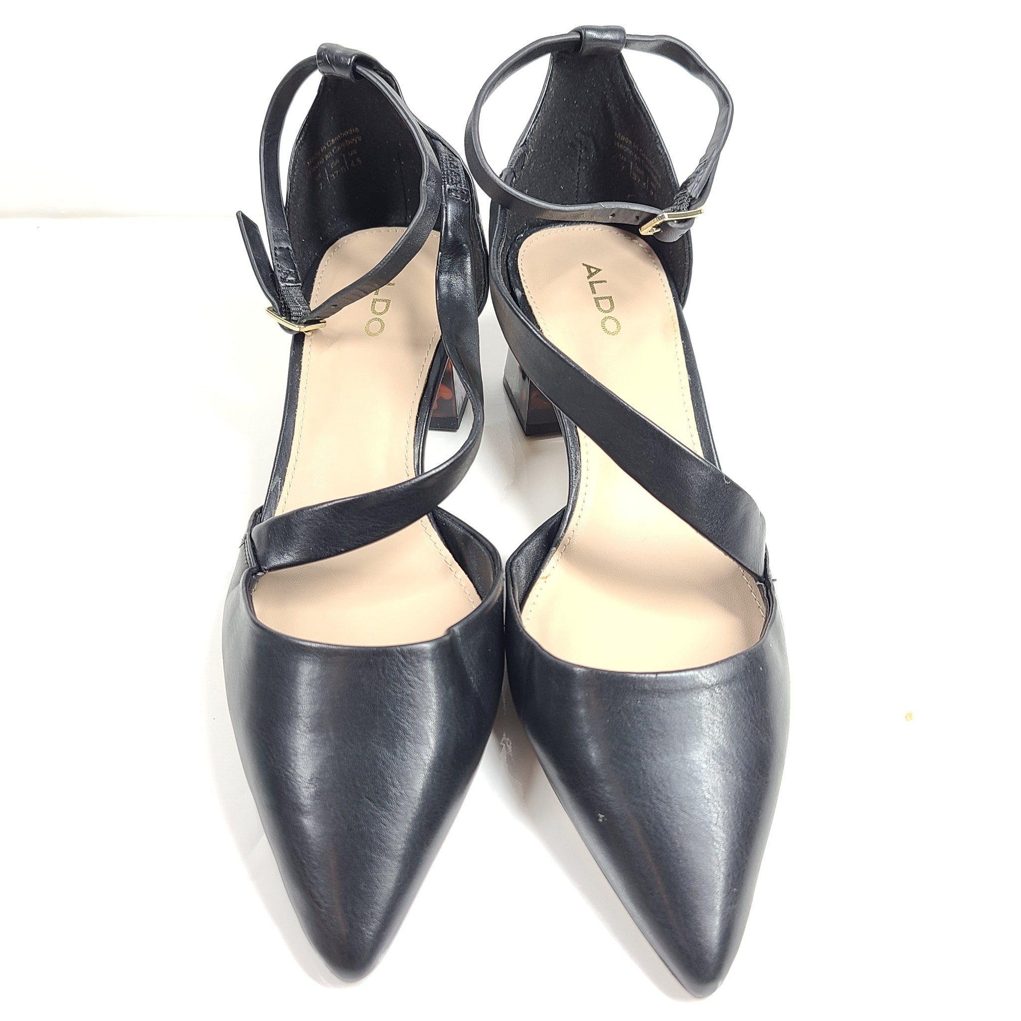 Aldo Bluebell Ankle Strap Heeled Shoe Pointed Toe Block Heel Black Sz 7