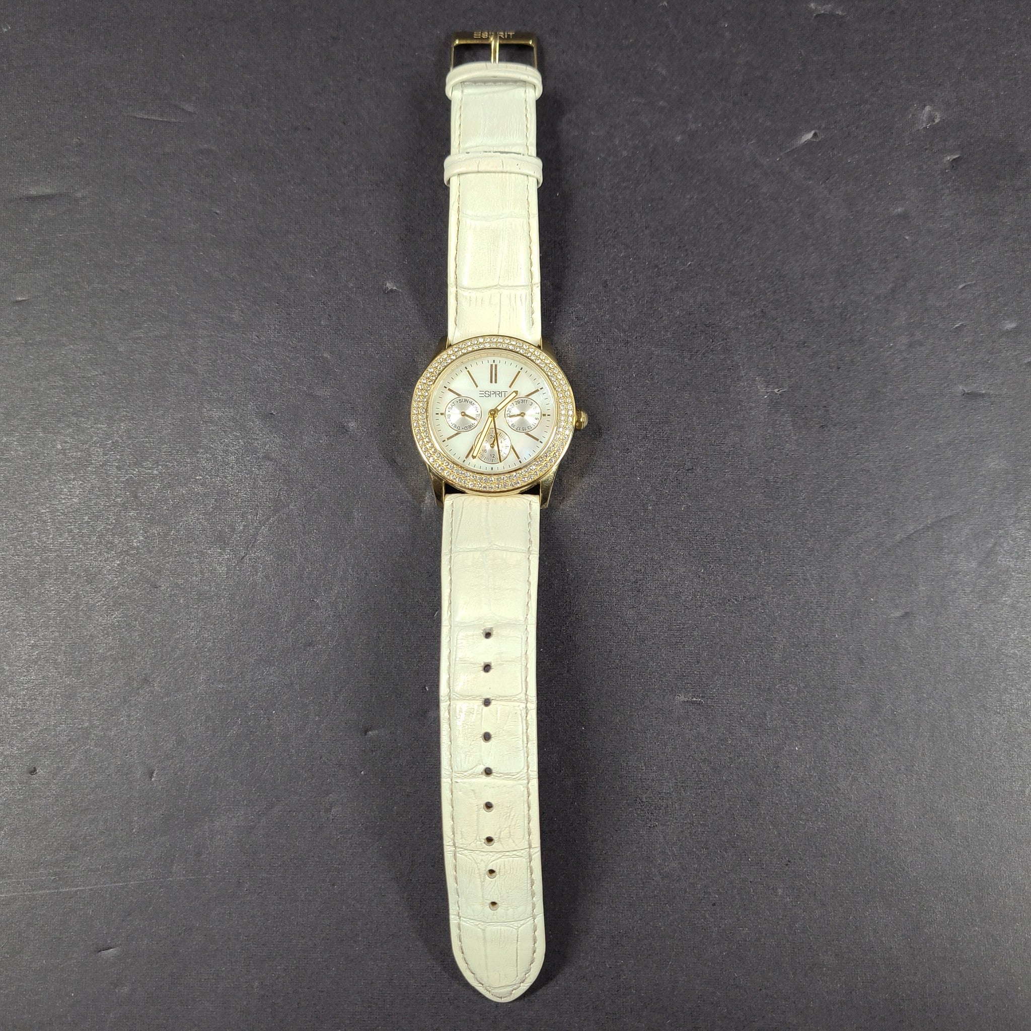 Esprit Women's Peony Watch Crystal Rhinestones Gold White Leather Band