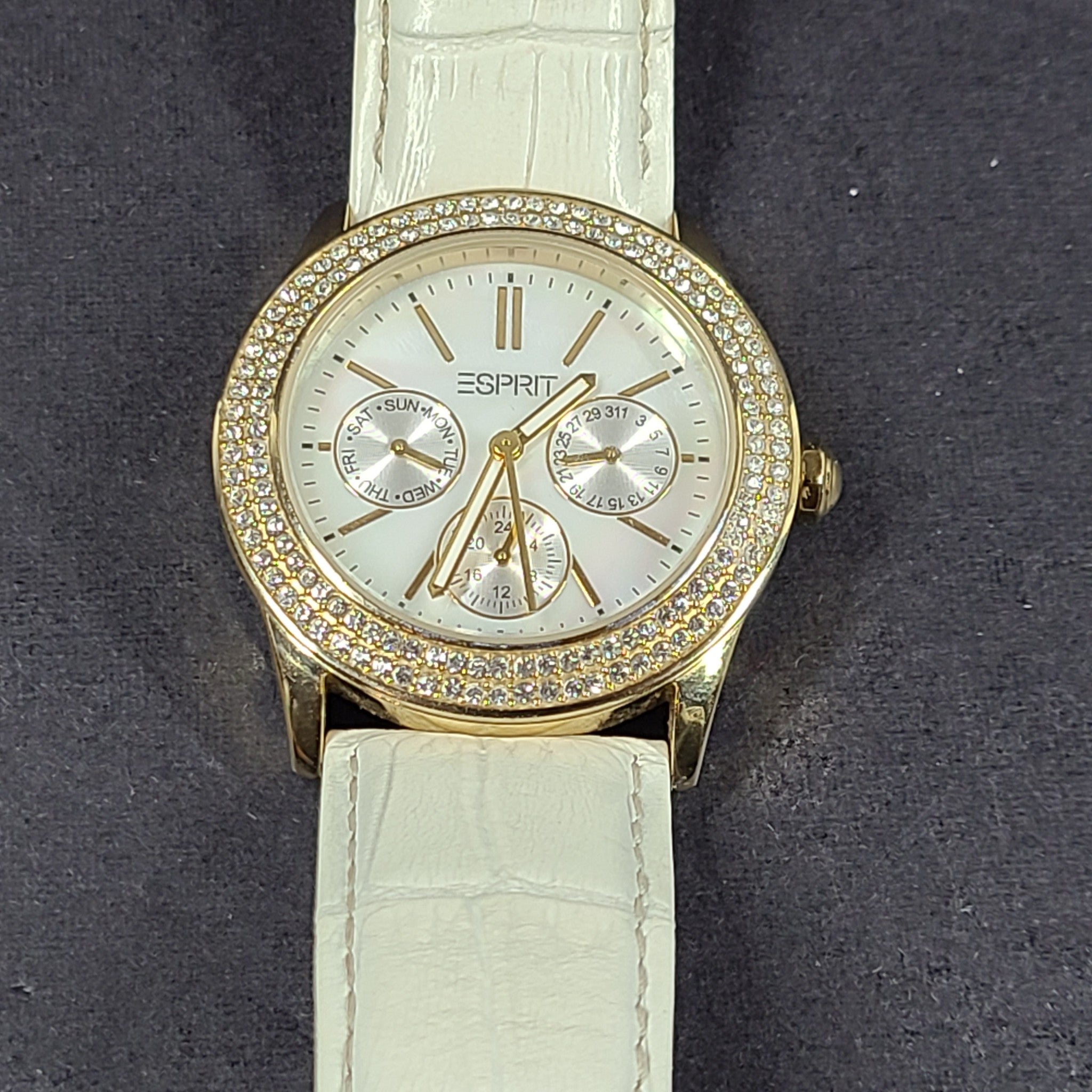 Esprit Women's Peony Watch Crystal Rhinestones Gold White Leather Band