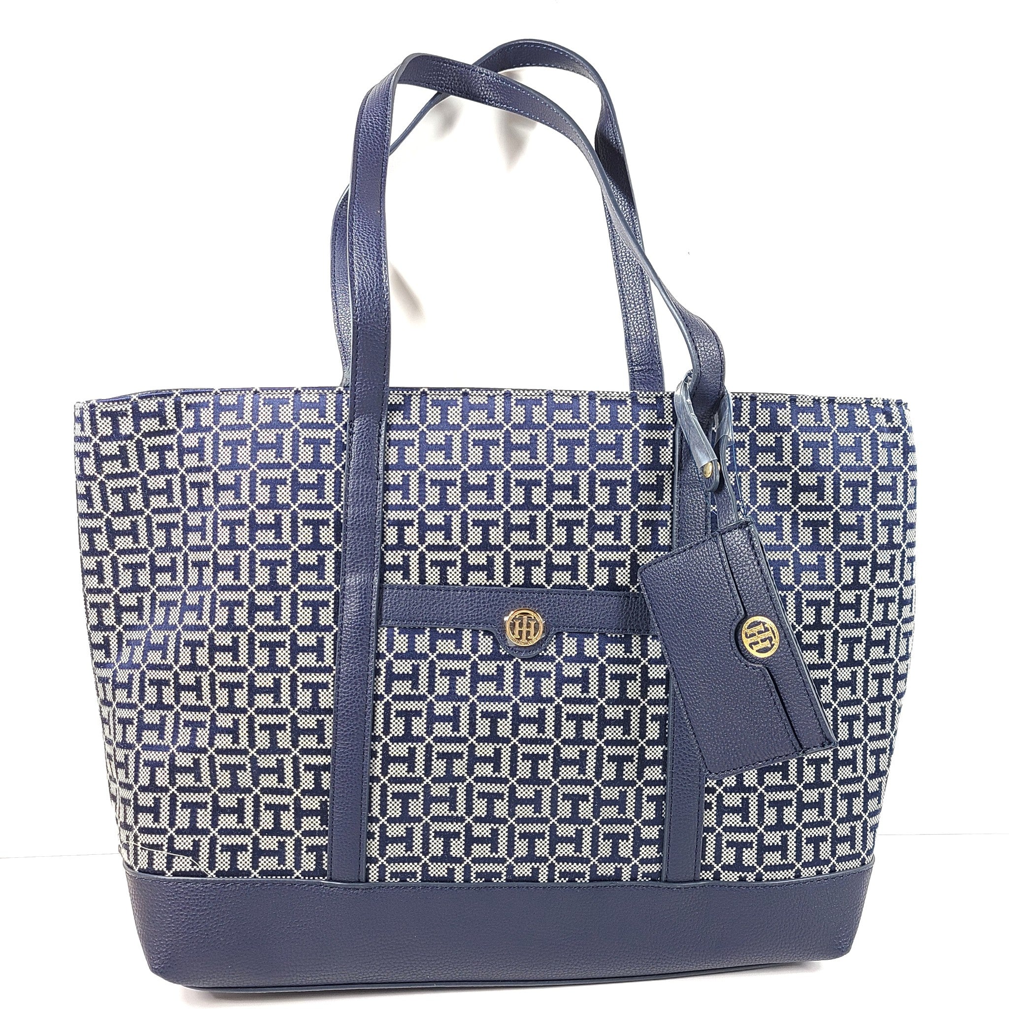 Tommy Hilfiger Monogram Print Large Tote Shoulder Bag Double Handles Navy Blue
