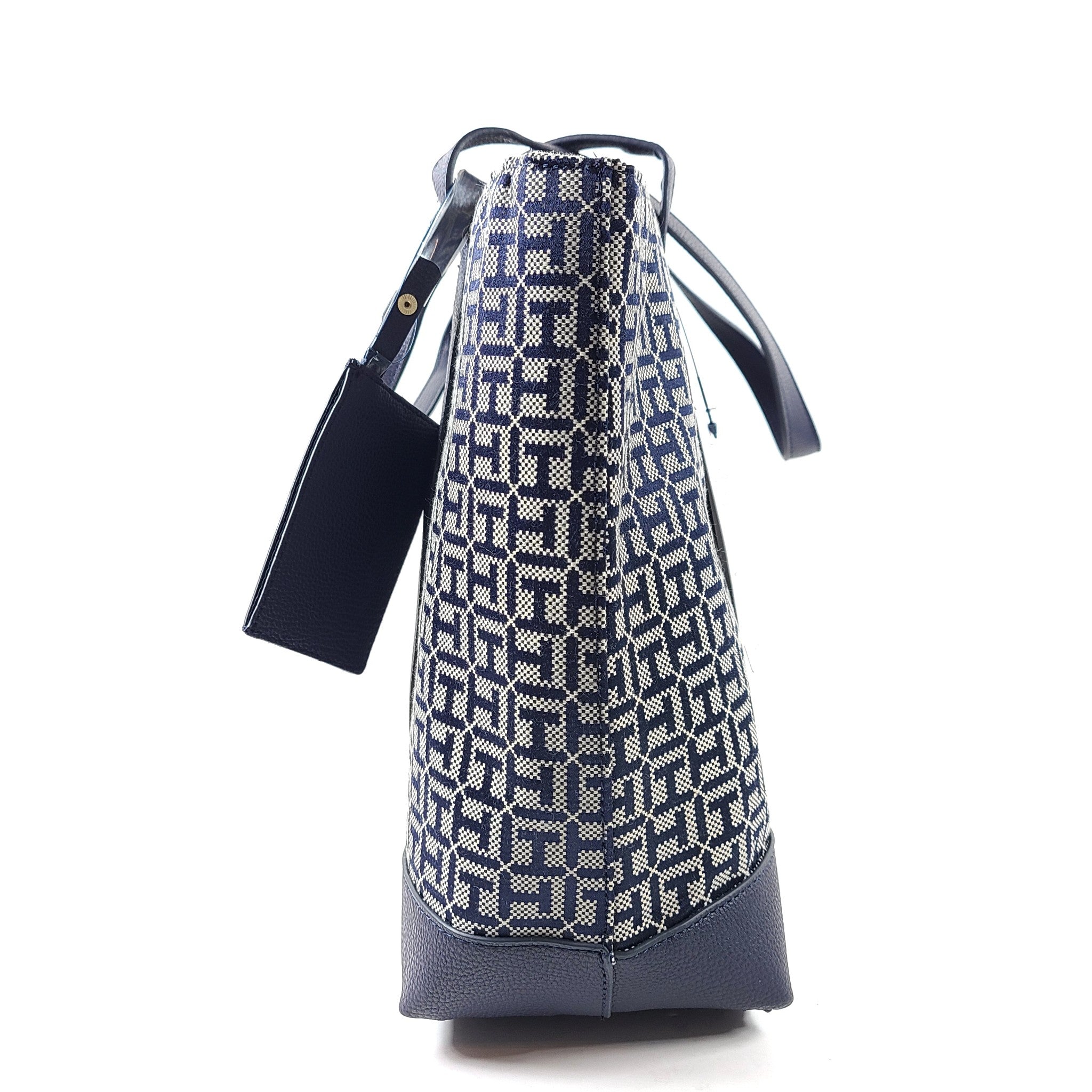 Tommy Hilfiger Monogram Print Large Tote Shoulder Bag Double Handles Navy Blue