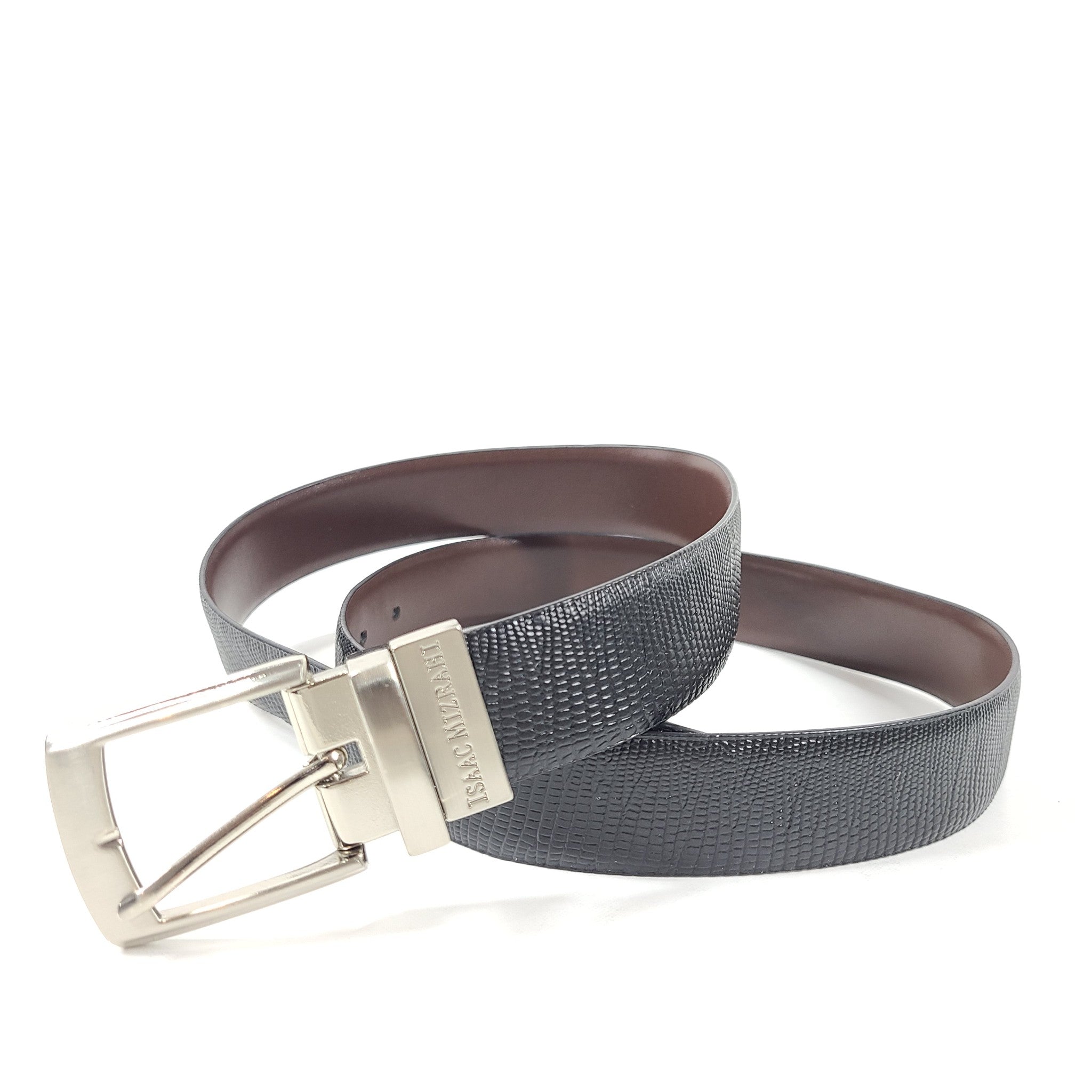 Isaac Mizrahi Men's Lizard Embossed Leather Belt Silver Buckle Black Sz 38