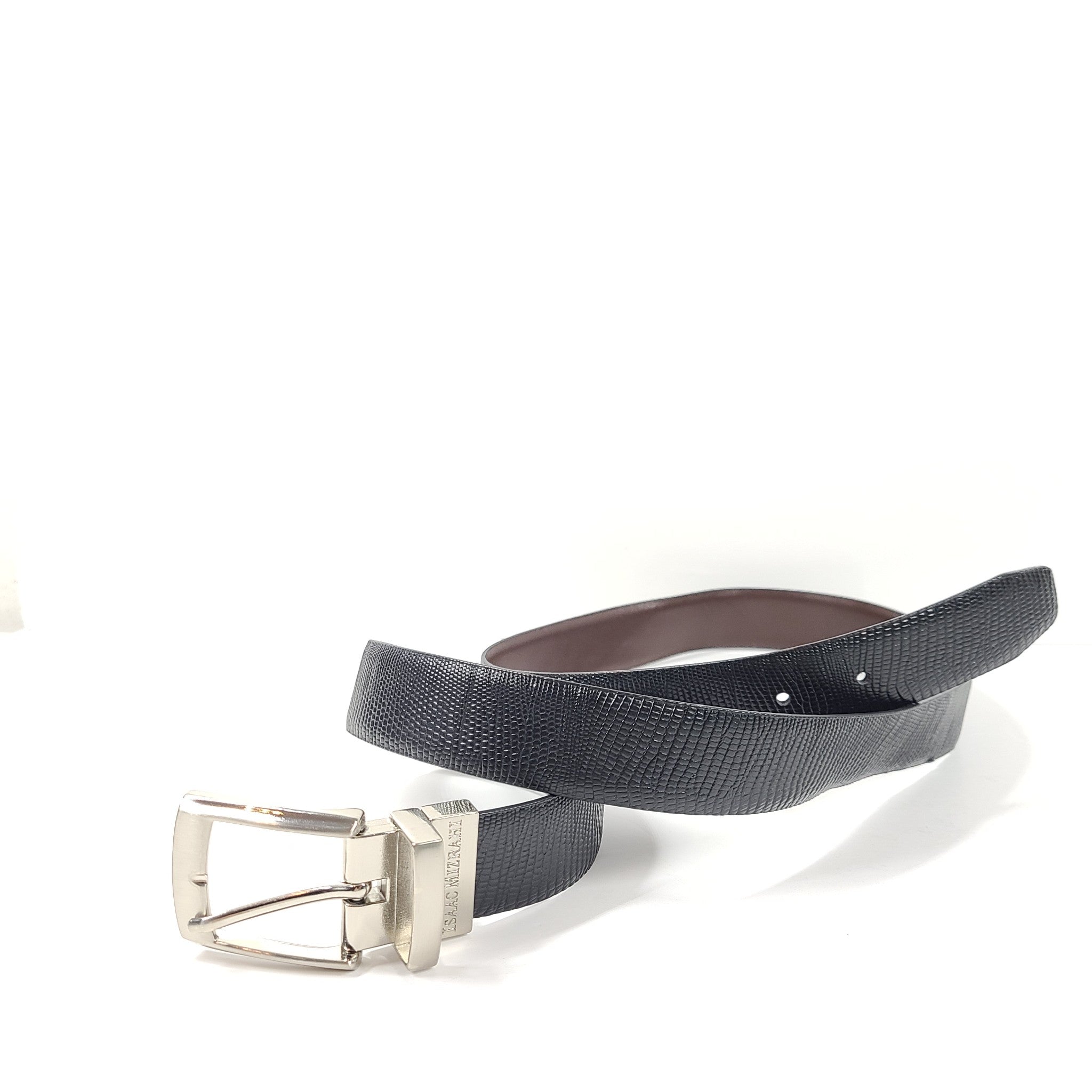 Isaac Mizrahi Men's Lizard Embossed Leather Belt Silver Buckle Black Sz 38