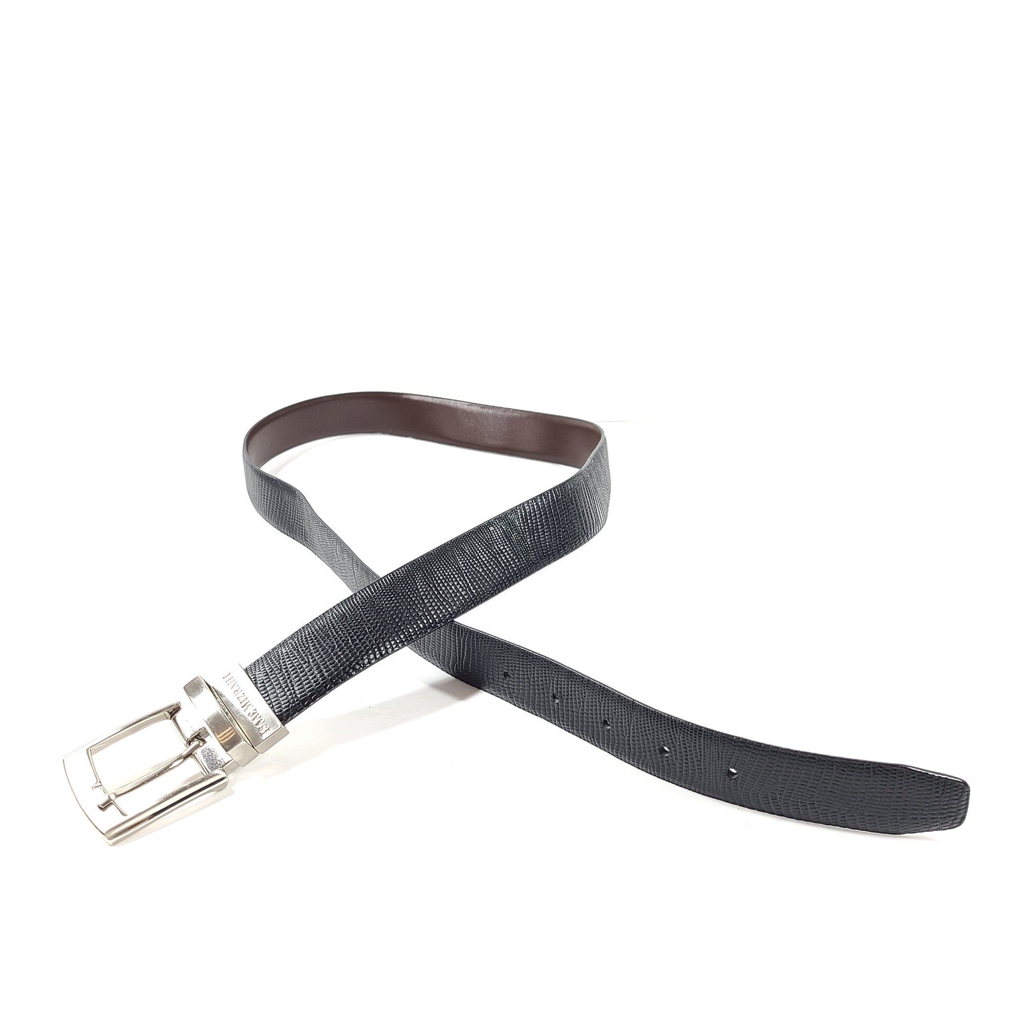 Isaac Mizrahi Men's Lizard Embossed Leather Belt Silver Buckle Black Sz 38