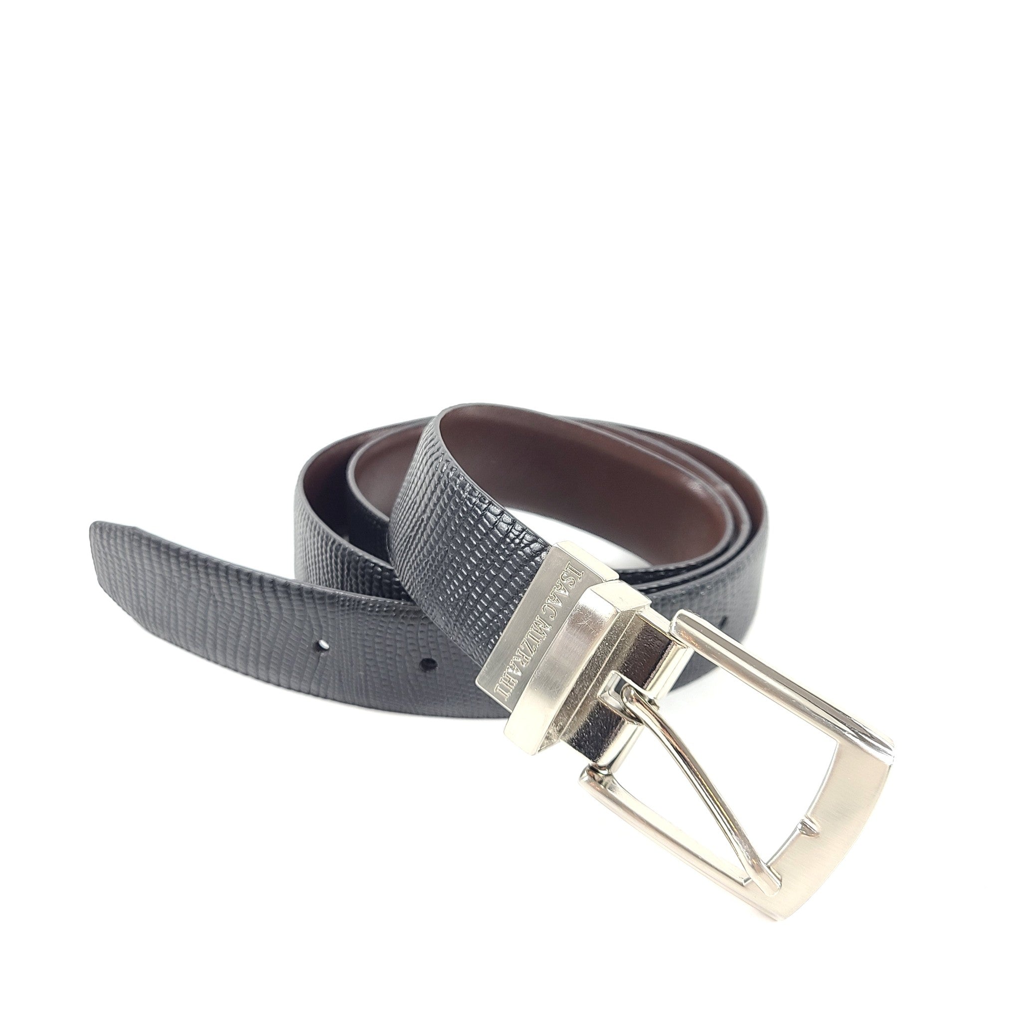 Isaac Mizrahi Men's Lizard Embossed Leather Belt Silver Buckle Black Sz 38