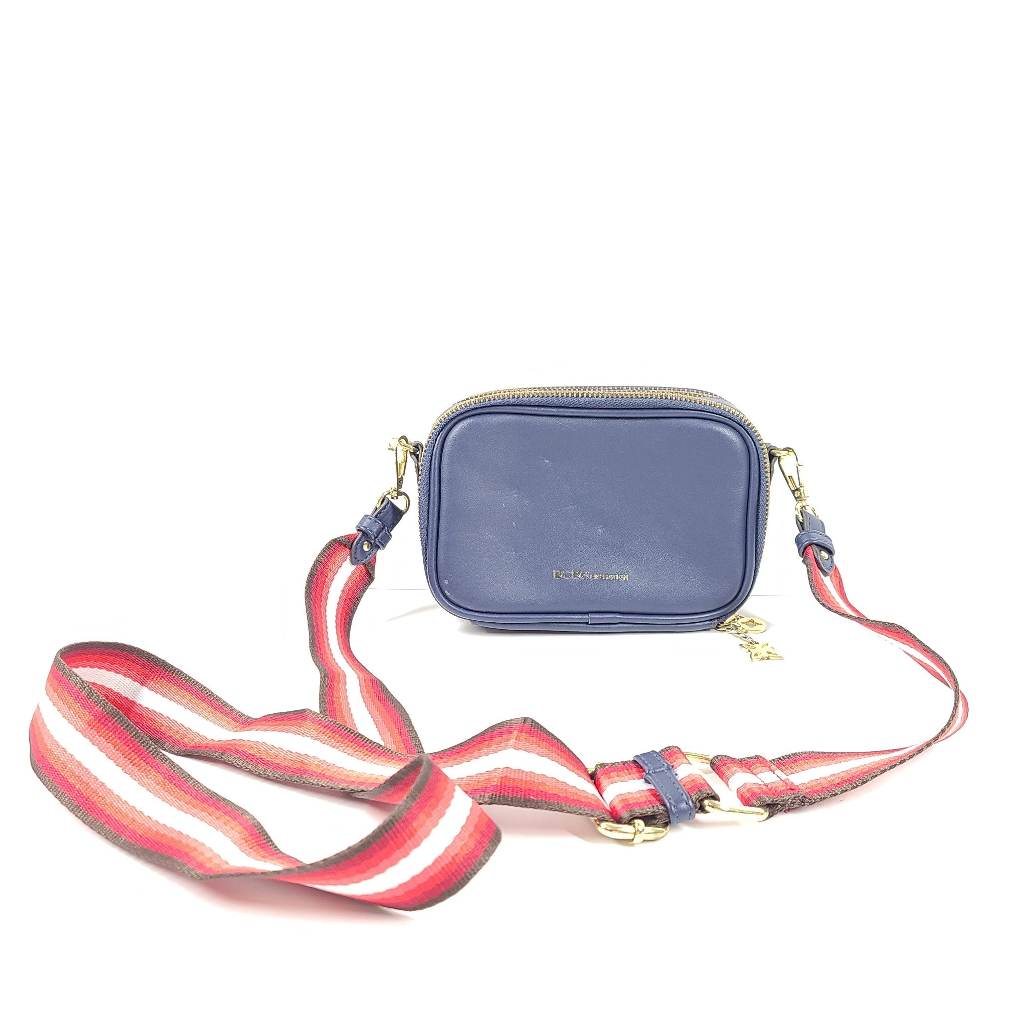 BCBGeneration Quinn Double Entry Crossbody Bag Faux Leather Zip Around Blue