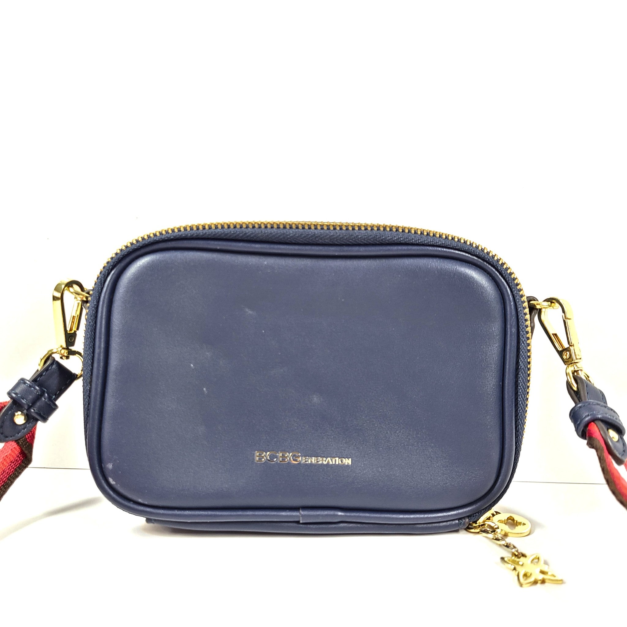 BCBGeneration Quinn Double Entry Crossbody Bag Faux Leather Zip Around Blue