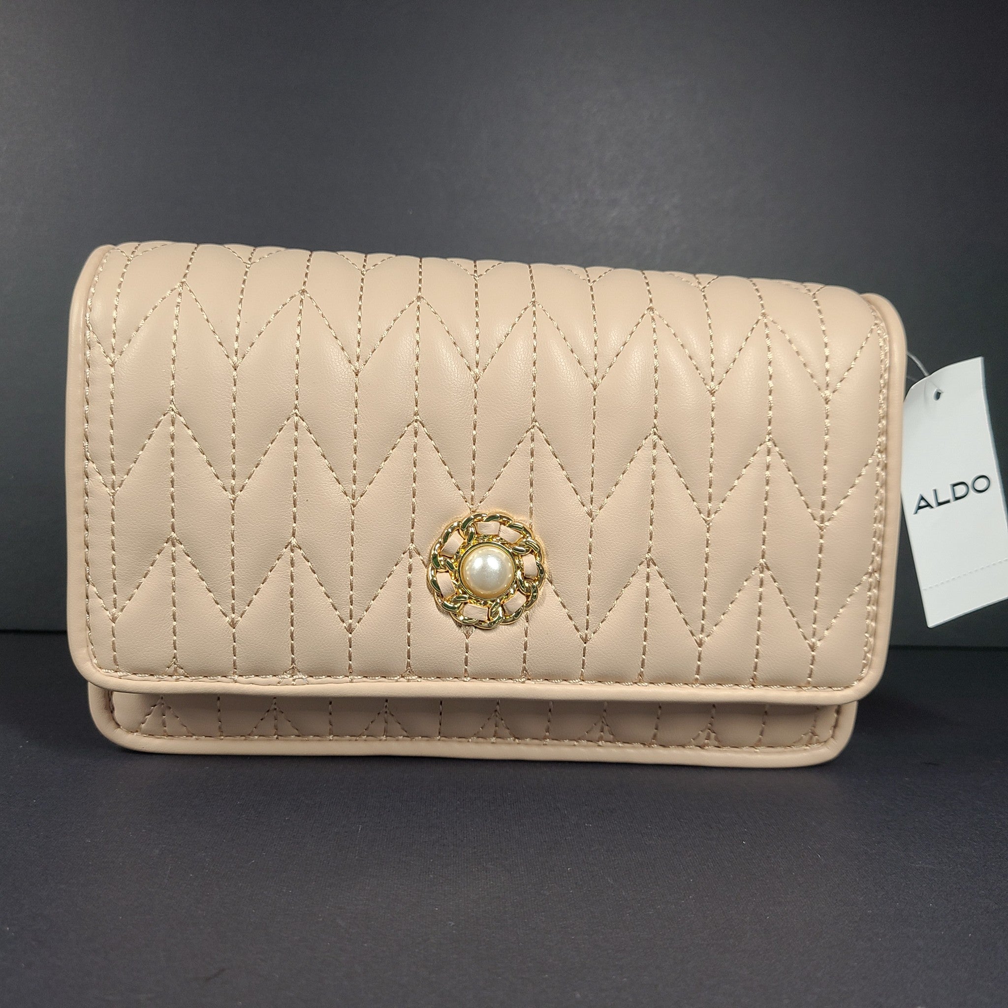 Aldo Women's Ereadia Crossbody Quilted Faux Leather Flap Bag Pearls Dusty Pink