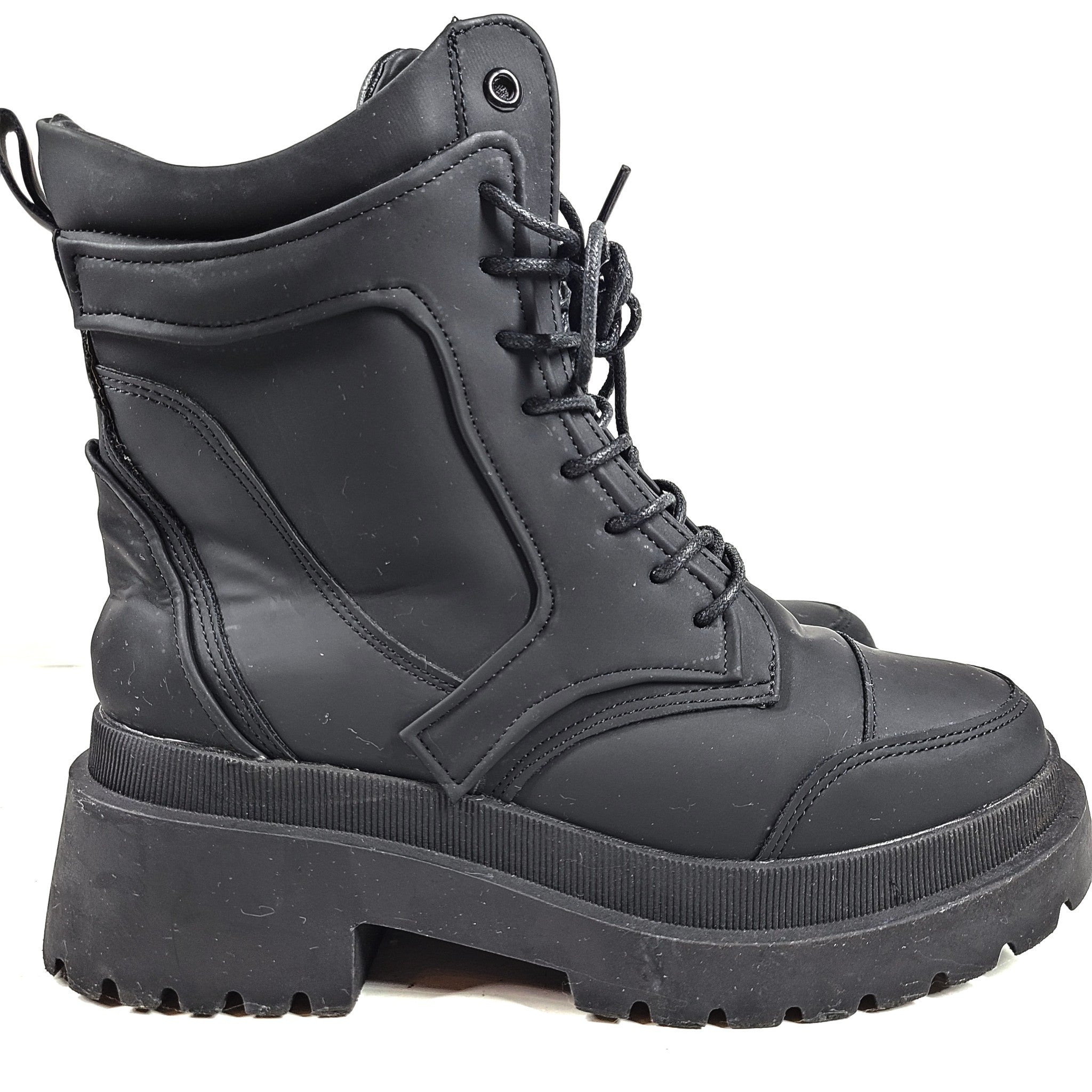 River Island Women's Lace Up Boots Shoes Chunky Eco Leather Black Size 7