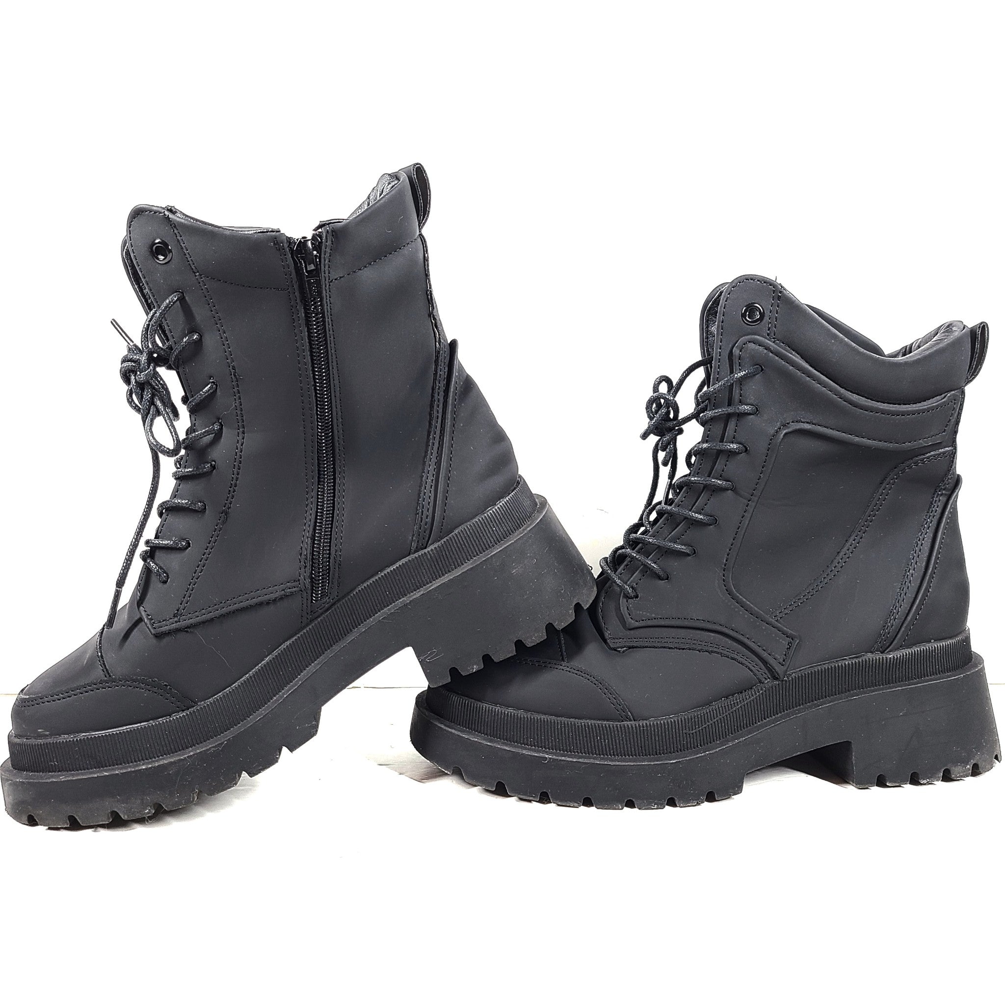 River Island Women's Lace Up Boots Shoes Chunky Eco Leather Black Size 7