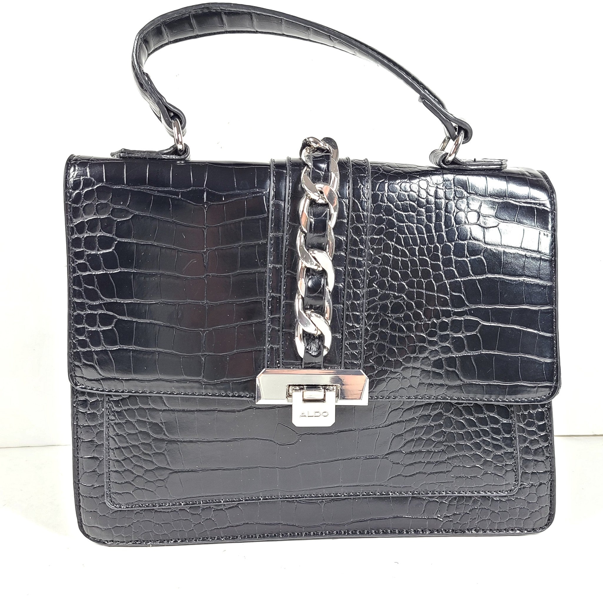 Aldo Dallamaraen Top Handle Bag Crossbody Satchel Faux Croc Patent Leather Black
