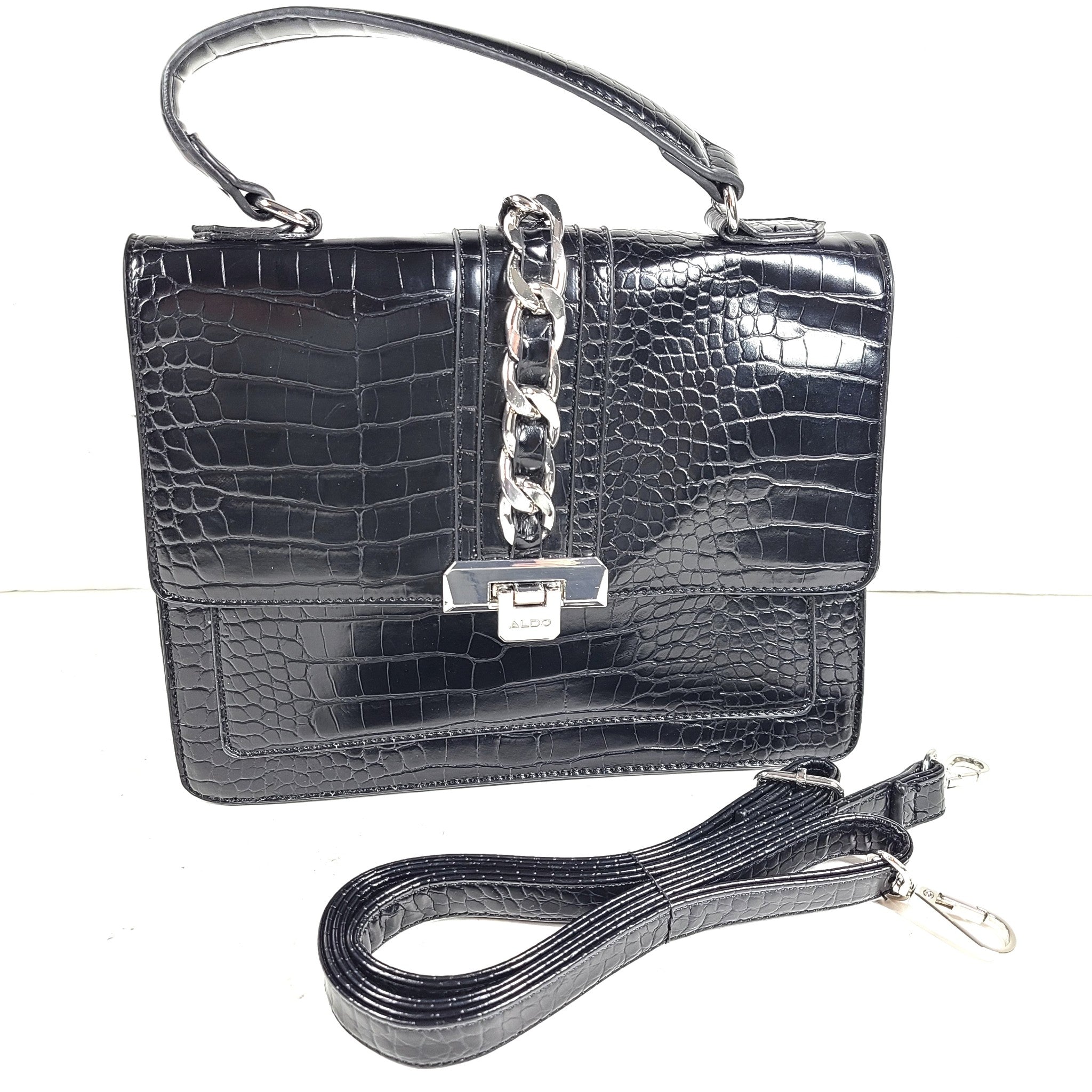 Aldo Dallamaraen Top Handle Bag Crossbody Satchel Faux Croc Patent Leather Black