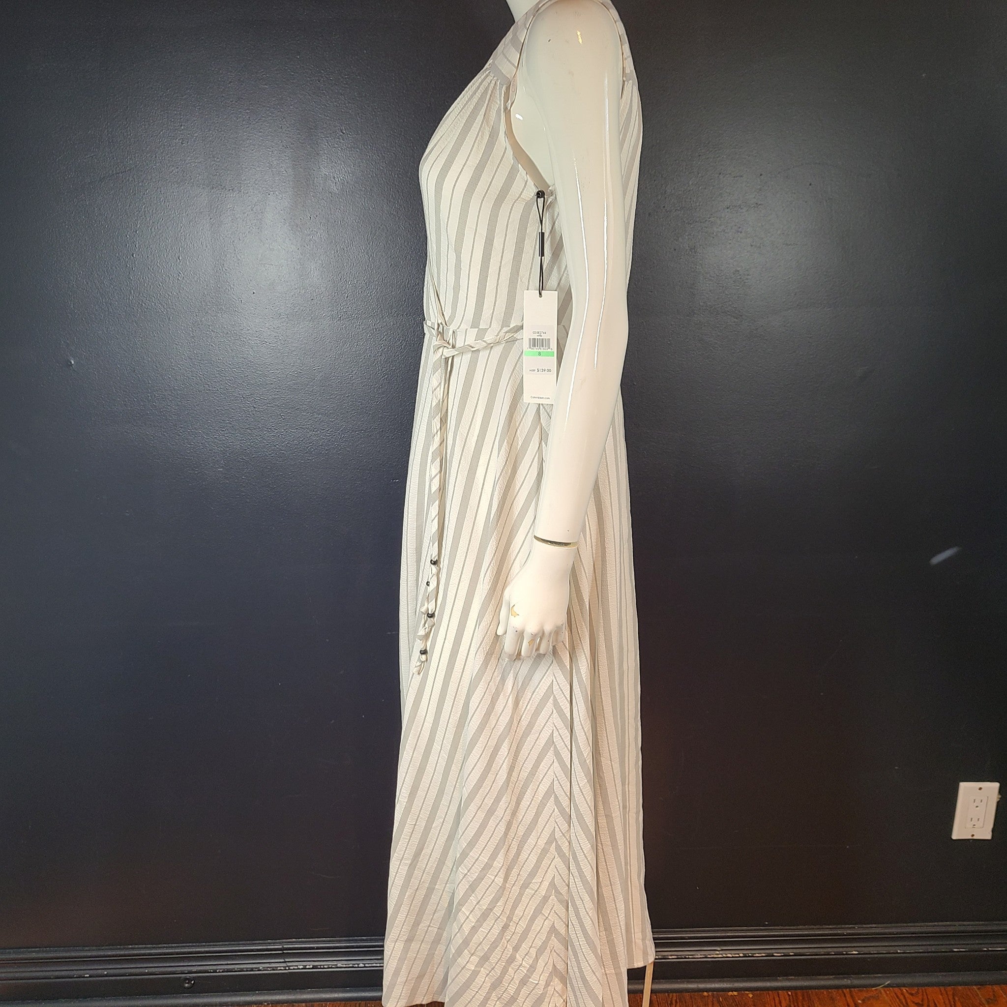Calvin Klein Women's Sleeveless V-Neck Maxi Wrap Dress Striped Gray 8