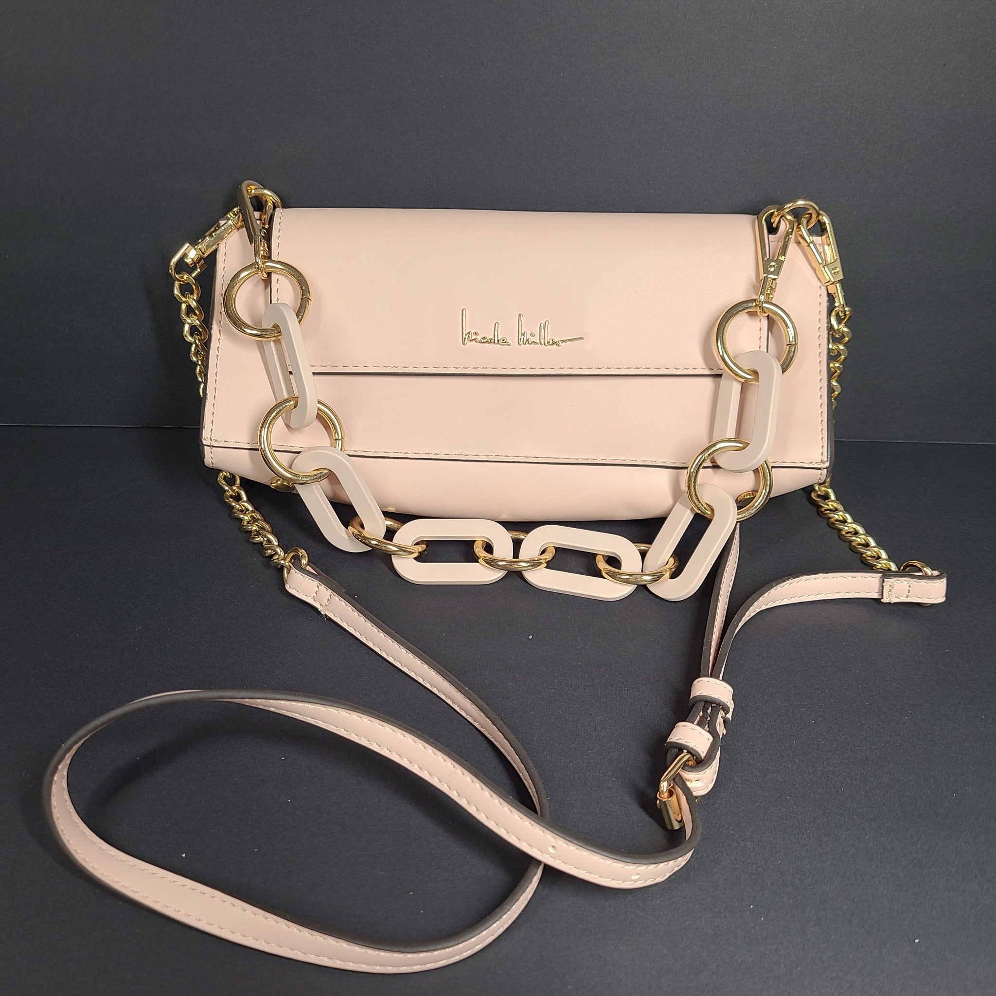 Nicole Miller Baguette Long Shoulder Bag Crossbody Strap Purse Flap Closure Pink
