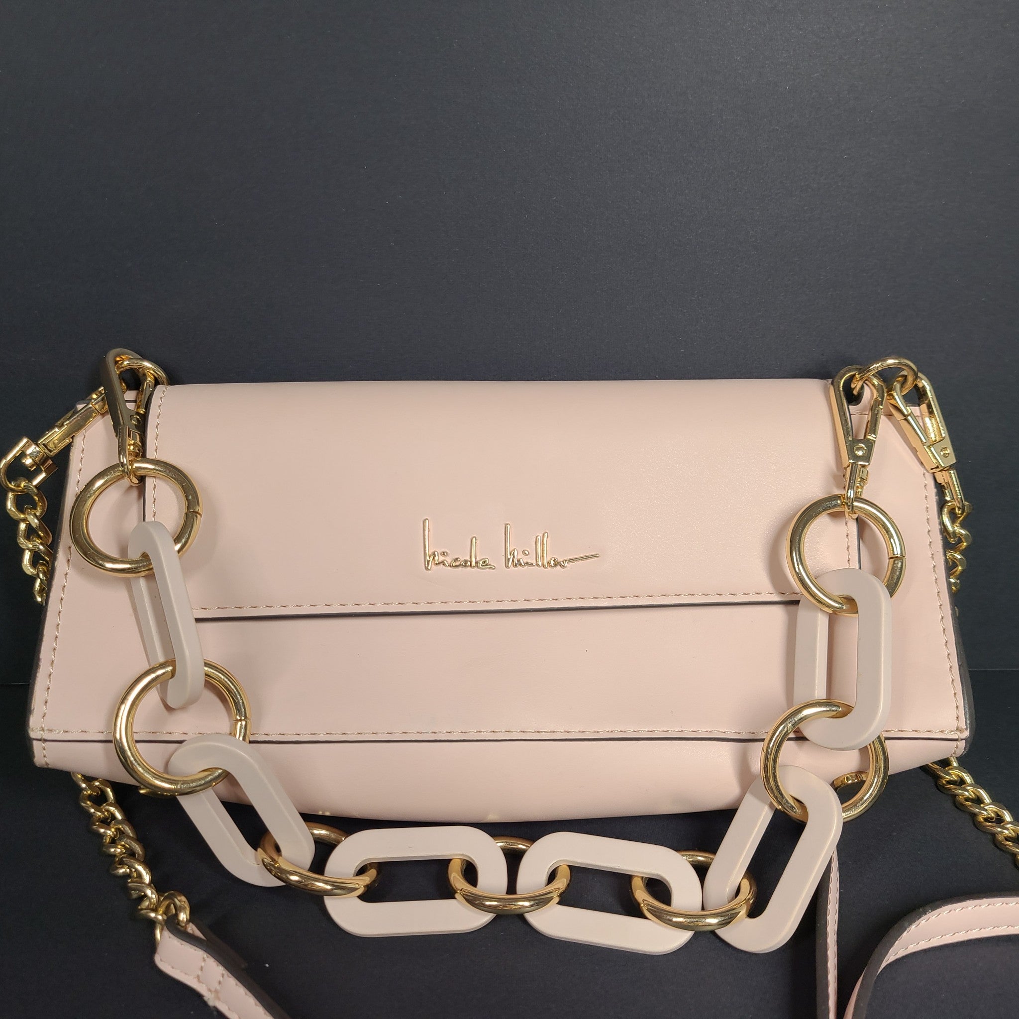 Nicole Miller Baguette Long Shoulder Bag Crossbody Strap Purse Flap Closure Pink