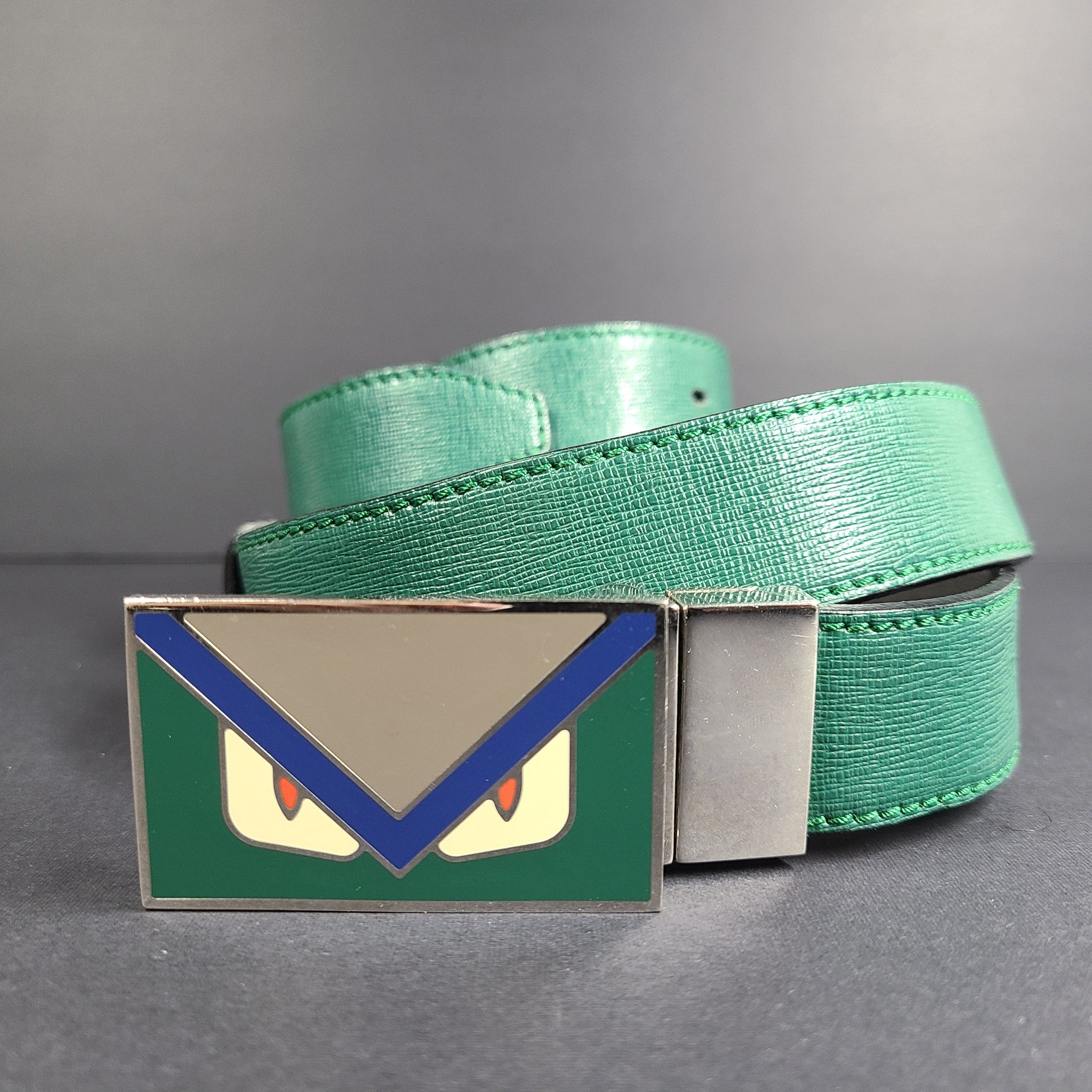Fendi Monster Bag Bugs Eyes Buckle Reversible Belt Calfskin Leather Green Sz 36