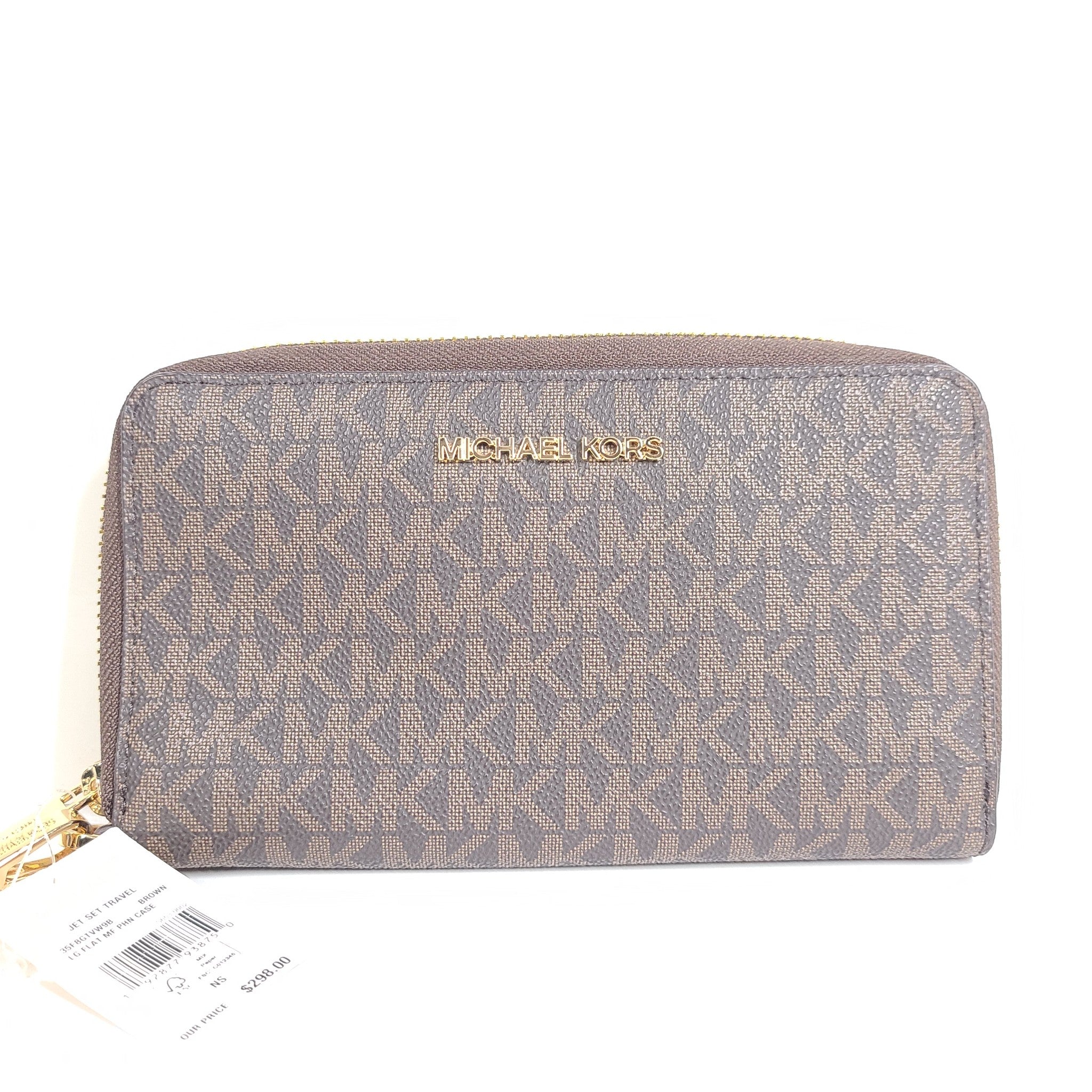 Michael Kors Jet Set Travel Large Leather Wallet Phone Case Monogram Brown