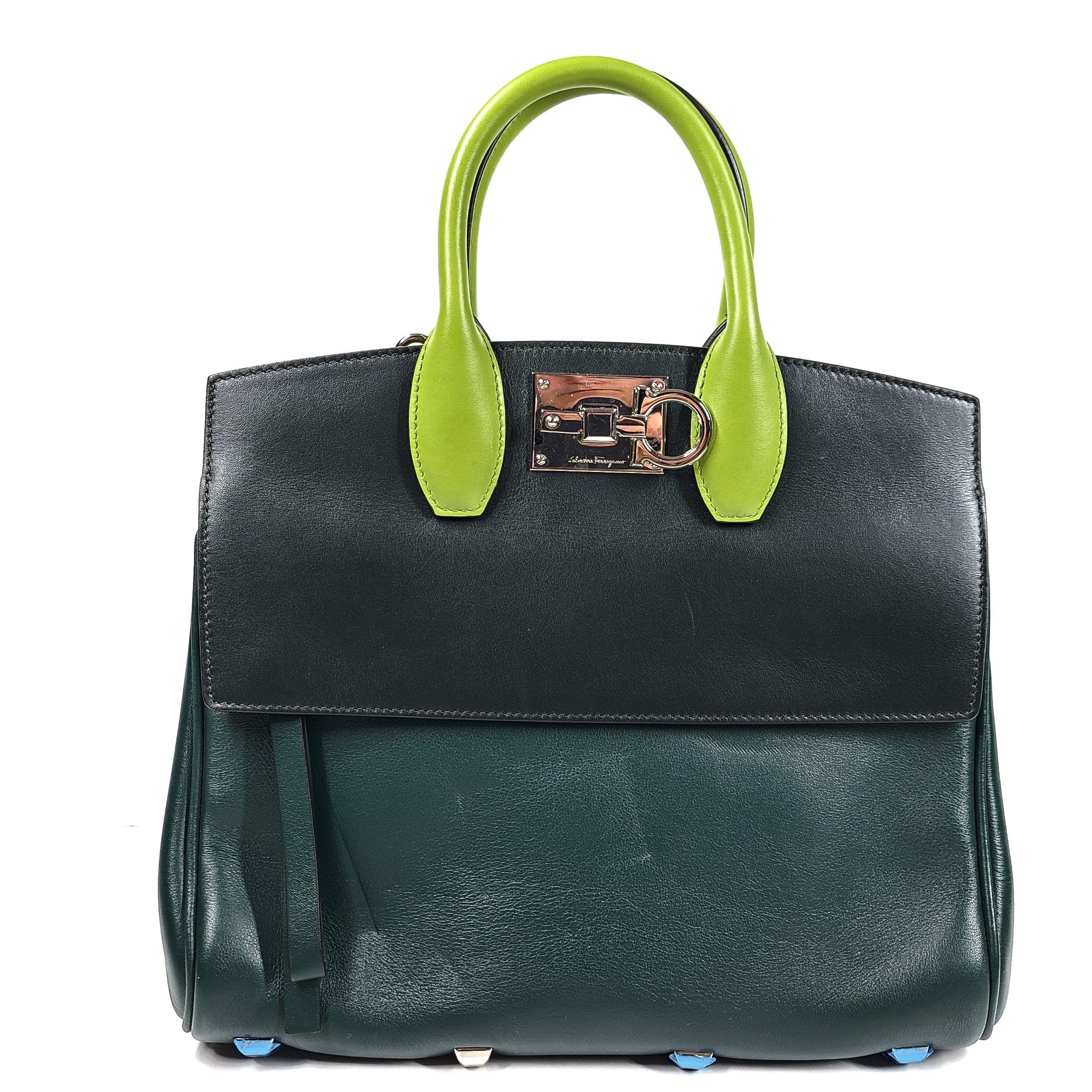 Salvatore Ferragamo Studio Satchel Top Handle Bag H159 Crossbody Calfskin Green