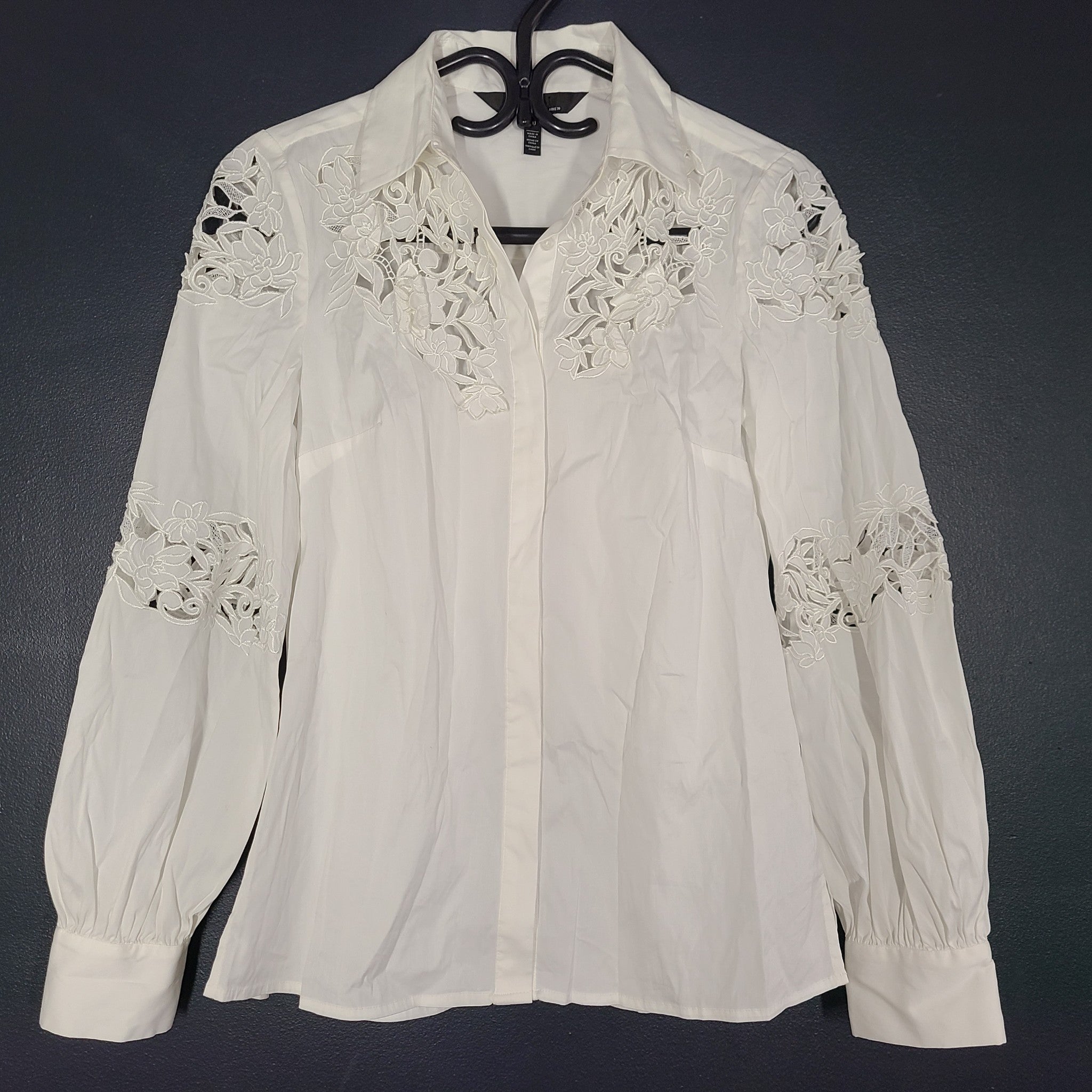 White House Black Market Embroidered Cutout Poplin Shirt Long Sleeve White XS/00