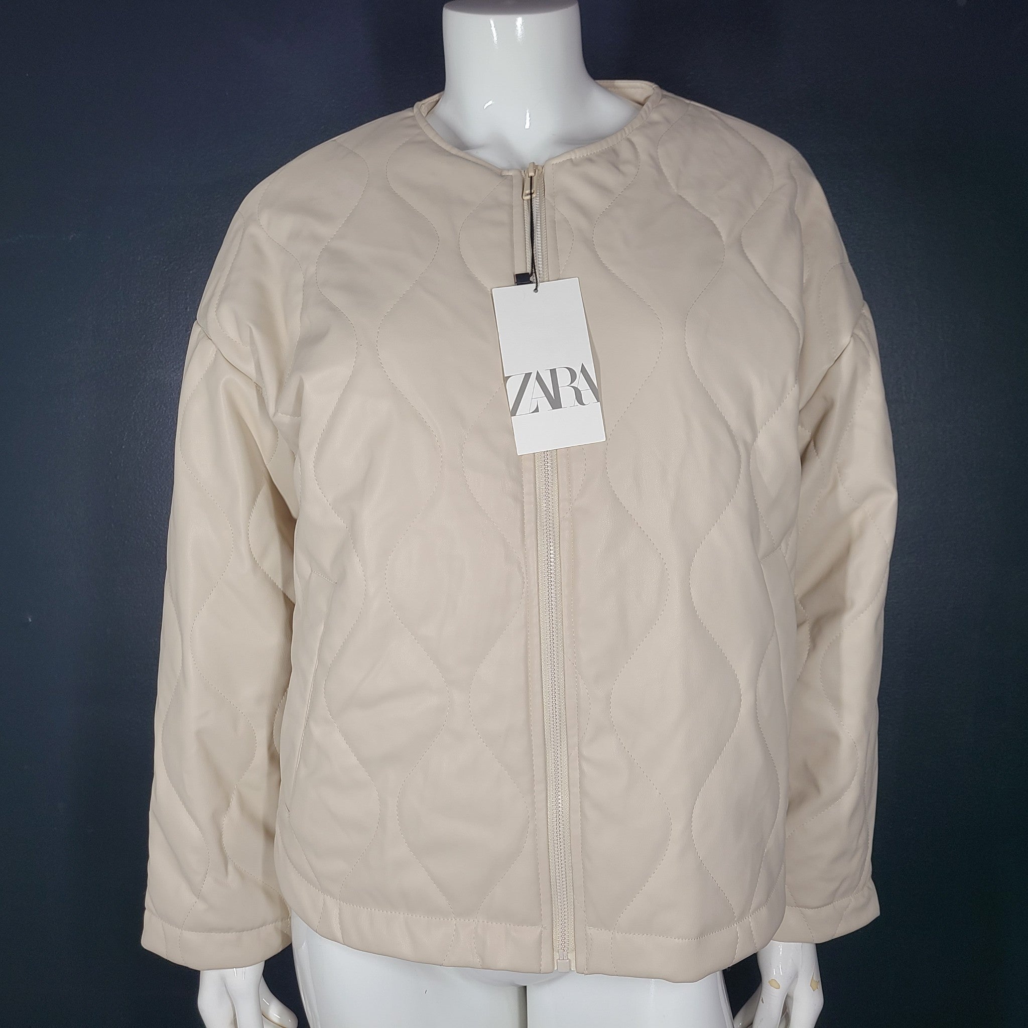 Zara Woman Faux Leather Fitted Quilted Jacket Long Sleeve Cream Beige Sz M
