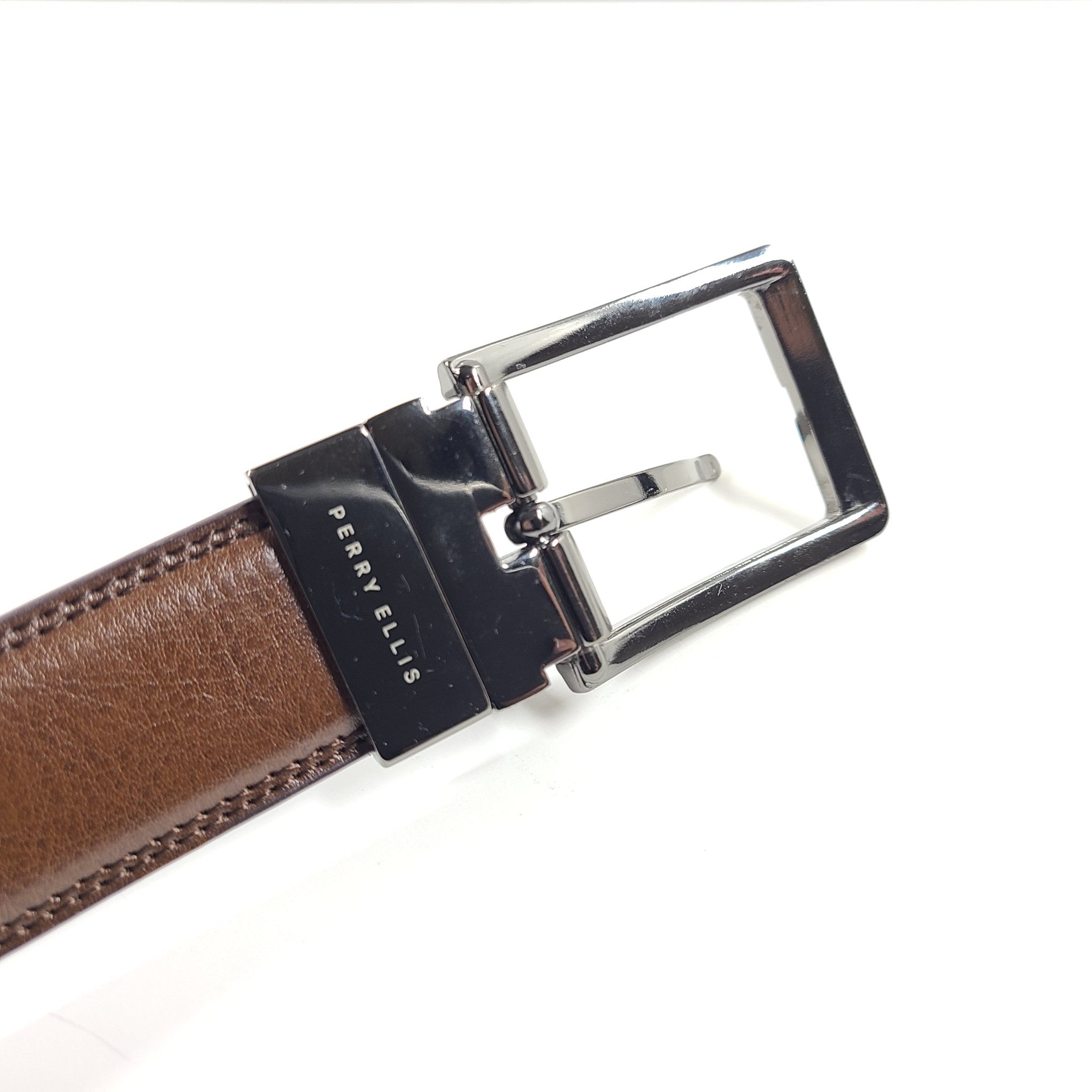 Perry Ellis Portfolio Double Stitched Leather Reversible Belt Brown Black Sz 44