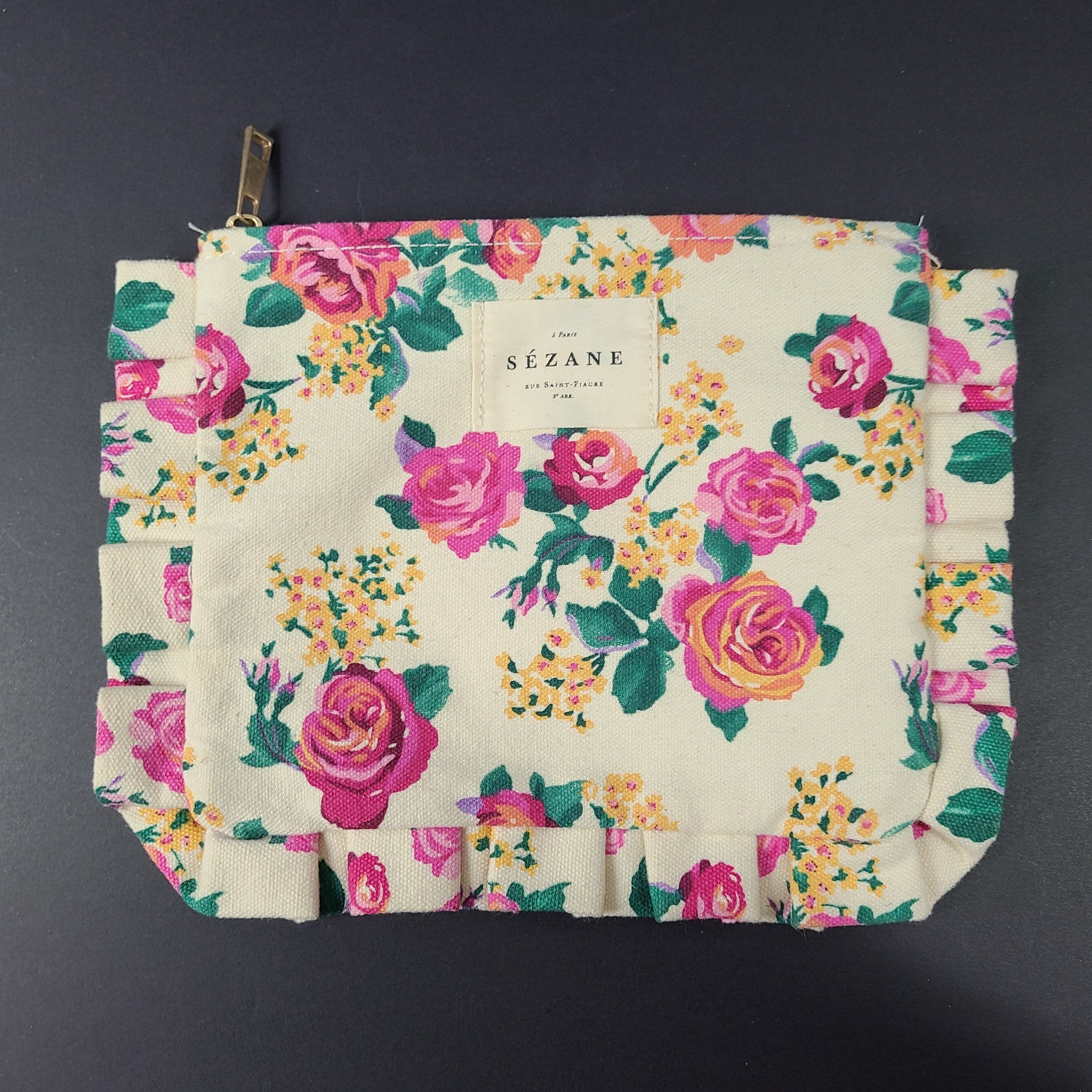 Sezane Floral Rose Cotton Canvas Makeup Cosmetic Bag Ruffle Pouch 9" x 7"