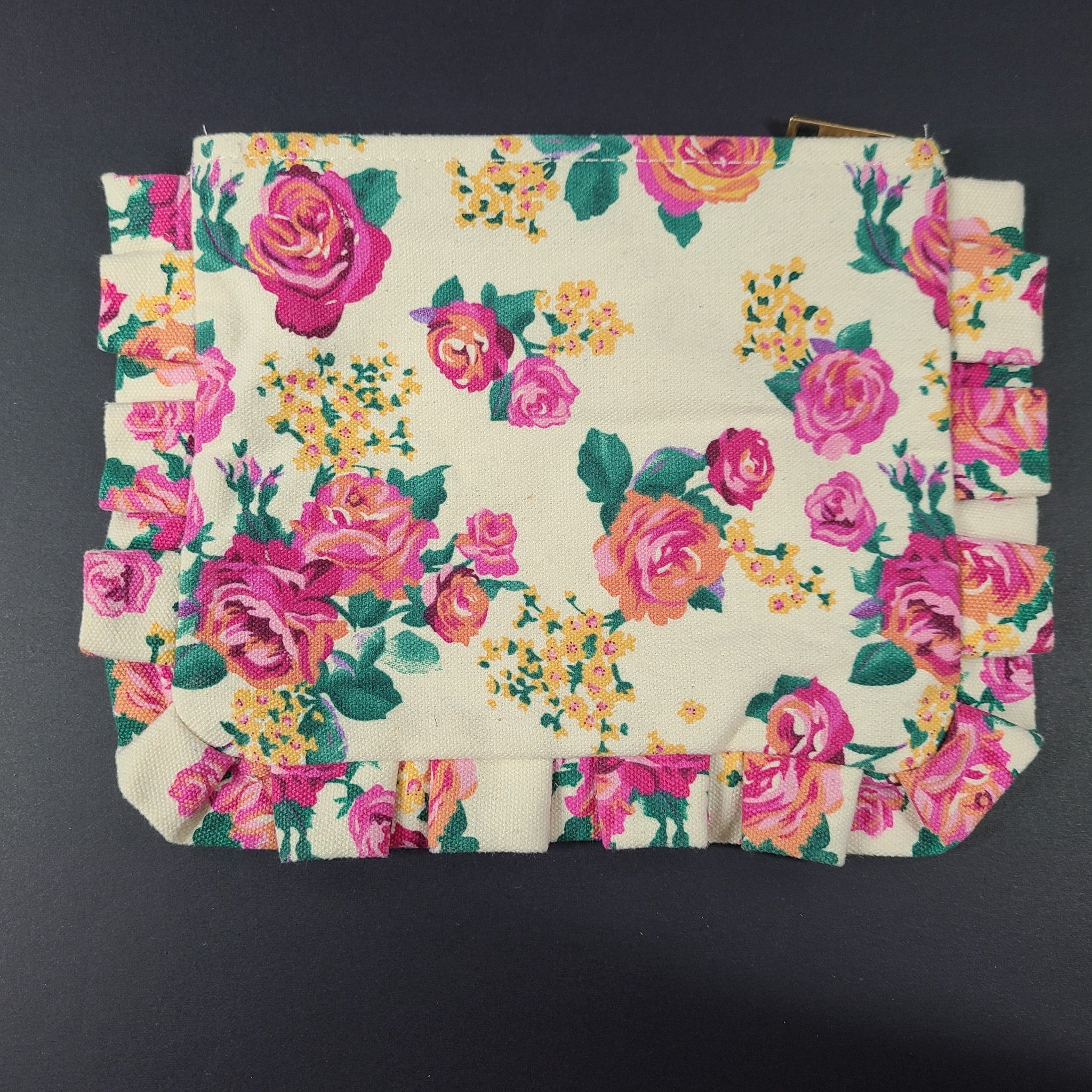 Sezane Floral Rose Cotton Canvas Makeup Cosmetic Bag Ruffle Pouch 9" x 7"