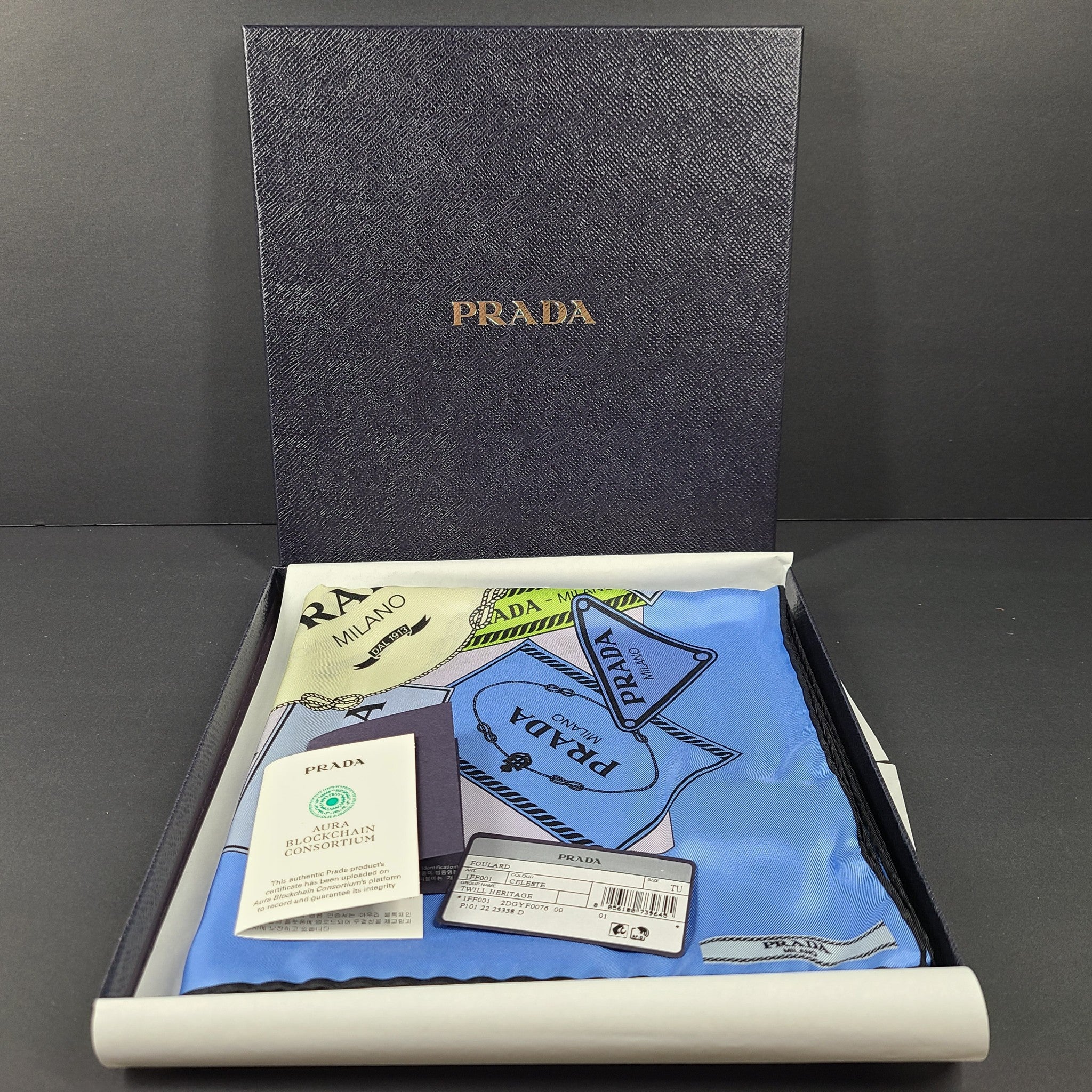 Prada Silk Twill Foulard Celeste Scarf Neckerchief Square 35" New Gift Box