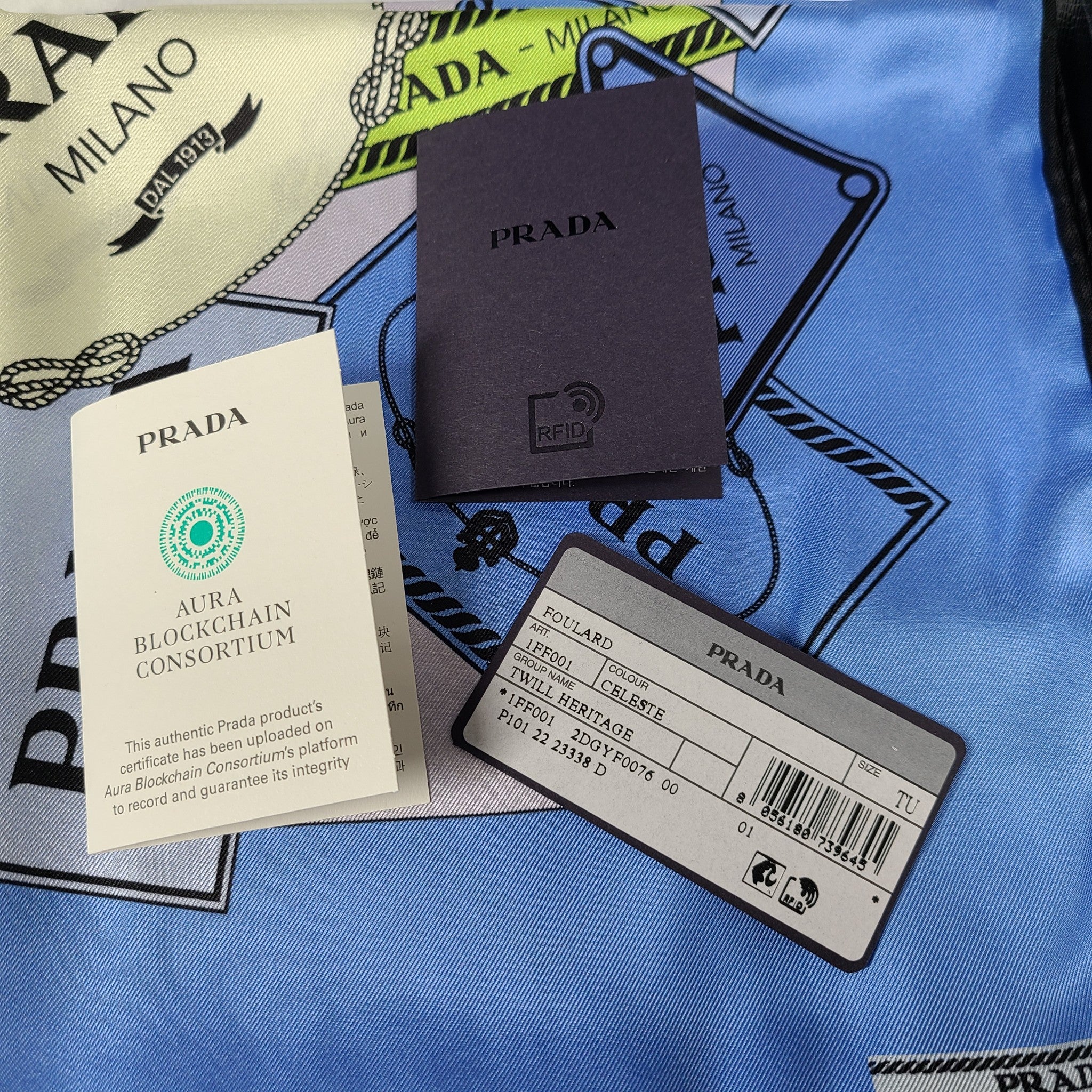 Prada Silk Twill Foulard Celeste Scarf Neckerchief Square 35" New Gift Box